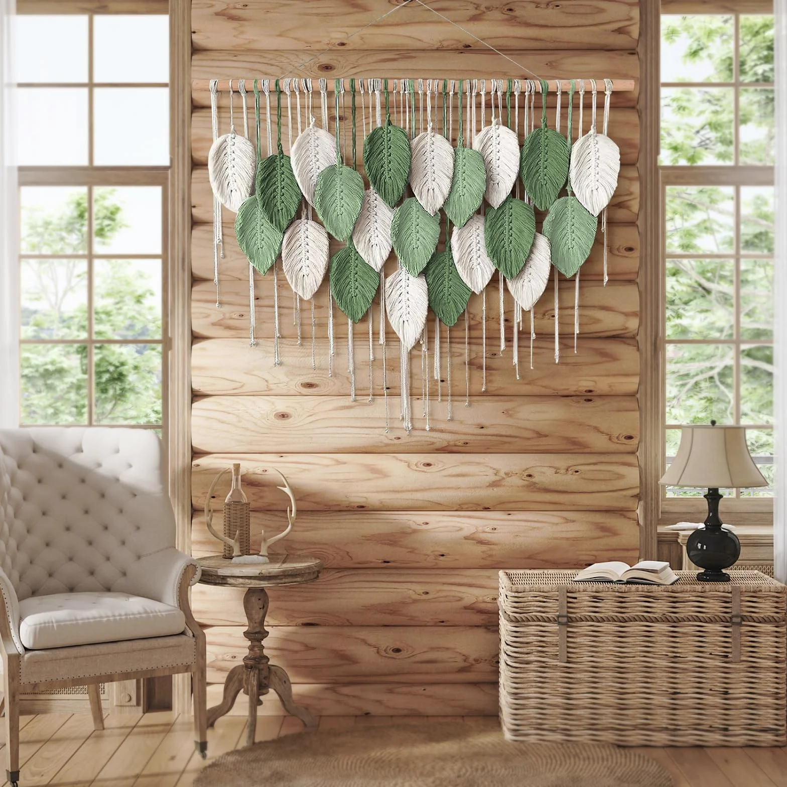 Weldomcor Makrama wisząca na ścianę, duży tkany gobelin, wisząca na ścianie, makrama boho, dekoracja ścienna z liśćmi, ozdoba z piórami, elegancka sztuka tkana, dekoracja do sypialni, salonu (D)