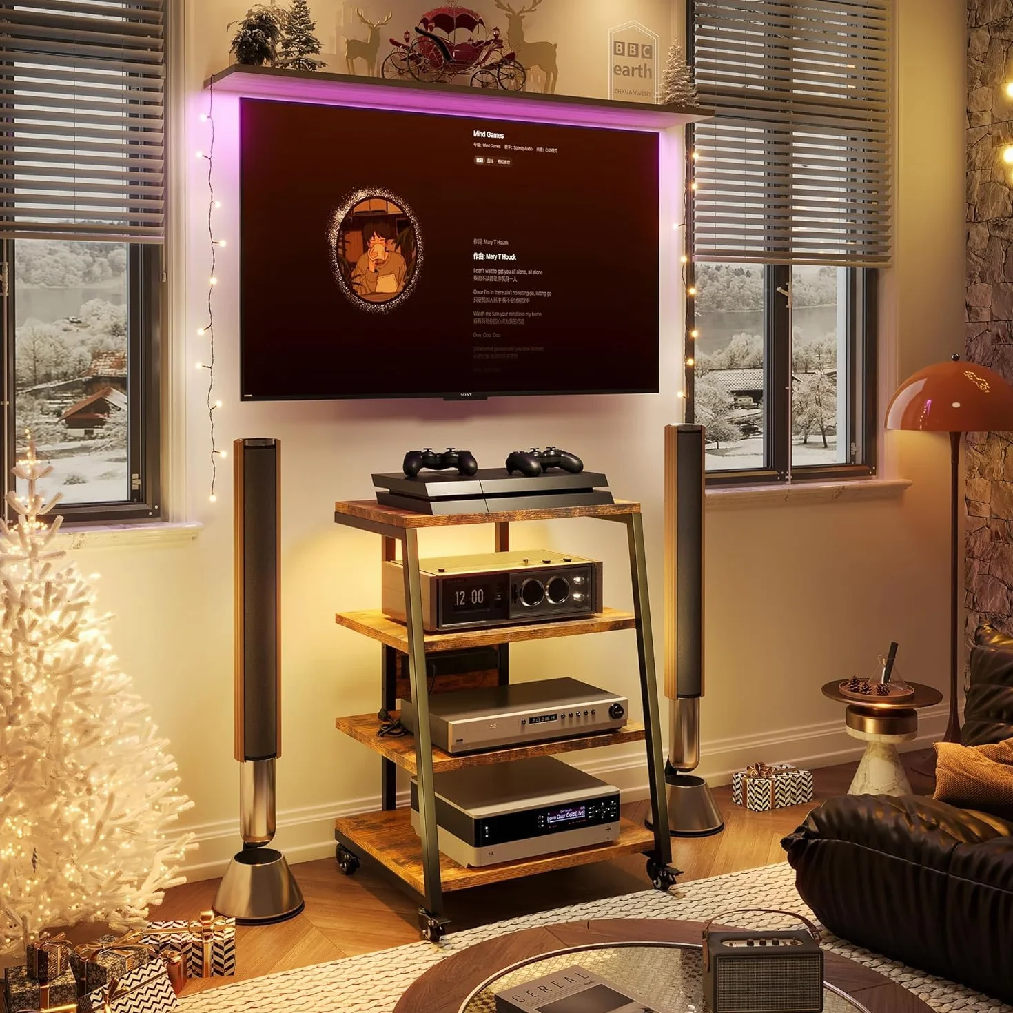 HIFI Stojak na gramofon, 4-poziomowe drewniane półki z listwami zasilającymi, światła LED, kółka, regulacja wysokości, stojak na nośniki AV, stojak na audio, do gramofonu, drukarki, Sky Box/telewizora