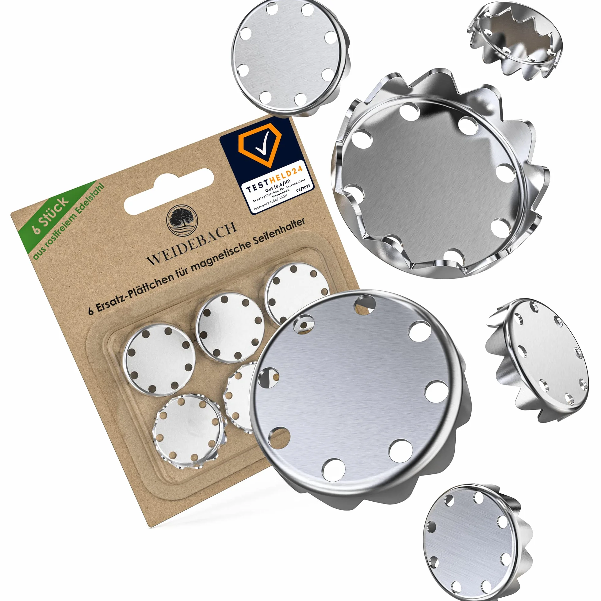 Płyta zamienna do magnetycznego mydła WEIDEBACH®, zestaw 6 płyt magnetycznych, stal nierdzewna SS430, uniwersalny magnes mydlany, stały magnes do mydła magnetycznego