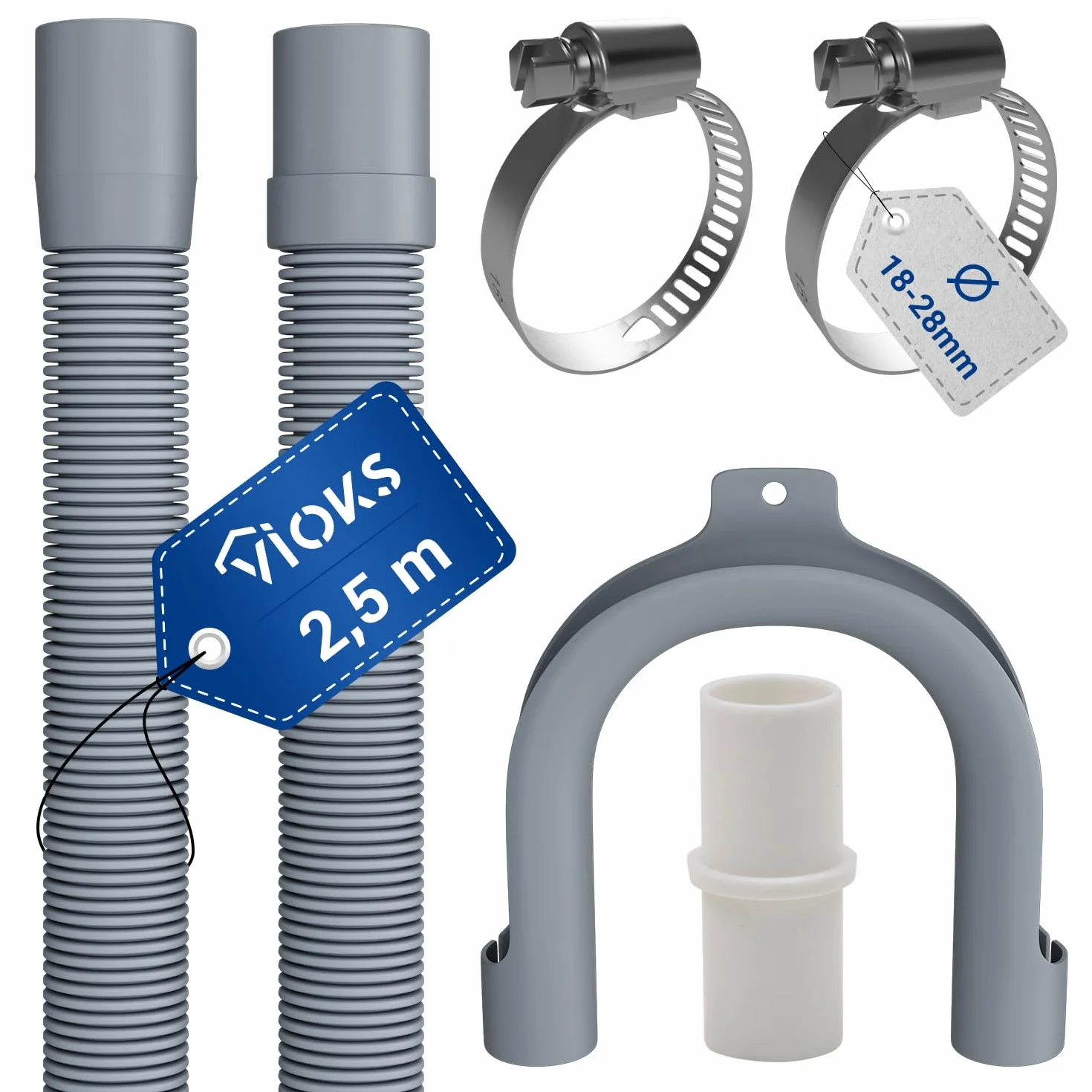 VIOKS Zestaw elastyczny wąż ściekowy do zmywarki 2,5 m 19/22 mm Ø + 2 x zaciski obejmy do węża ze stali nierdzewnej 18-28 mm Ø + 1 x łącznik węża + 1 x łuk mocujący - wąż odpływowy zestaw do pralki