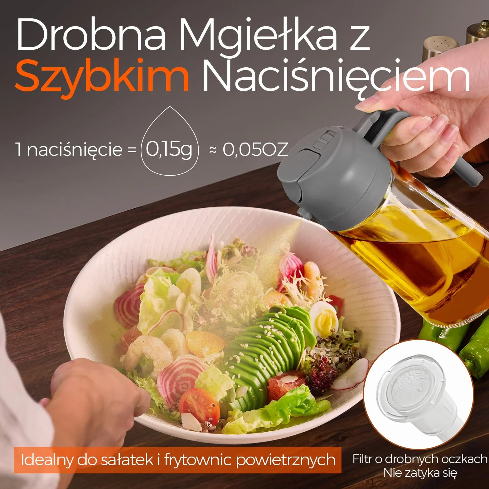 YARRAMATE 2 w 1 rozpylacz oleju jadalnego, butelka z rozpylaczem 470 ml, nadaje się do kontaktu z żywnością, spray na olej do gotowania, wysokiej jakości rozpylacz oleju do kuchni (05_szary)