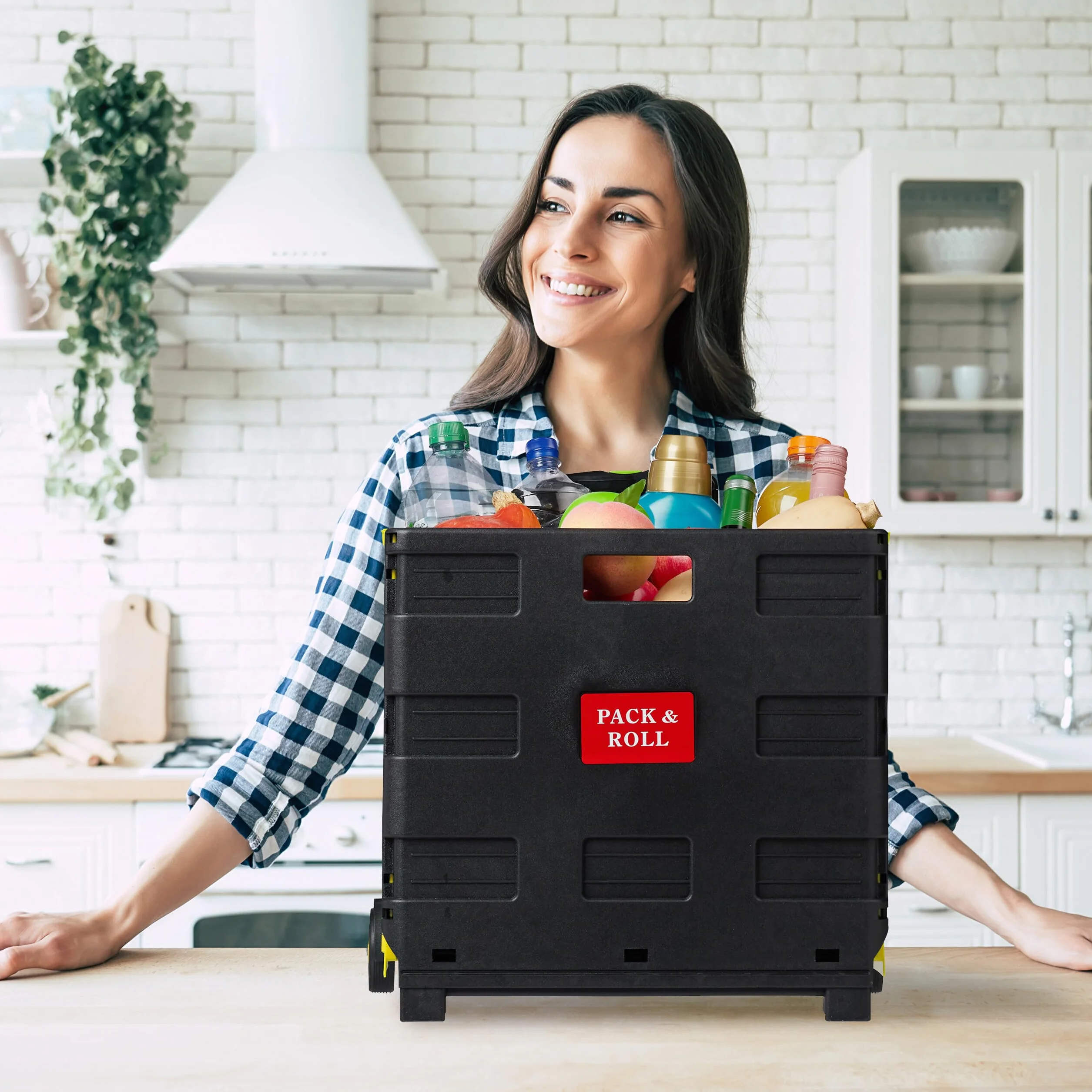 Relaxdays Wózek na zakupy składany, do 35 kg, skrzynia 50 l, z uchwytem teleskopowym, 2 kółka, wózek transportowy, żółty/czarny