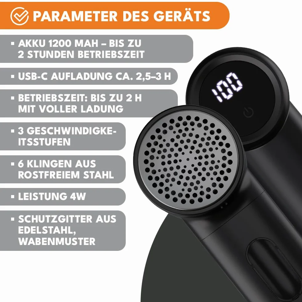 KRUMAD Golarka do ubrań elektryczna z wyświetlaczem LED – 6-ostrzowa golarka do tkanin z 3 prędkościami – Bezprzewodowy odmechacz z akumulatorem 1200 mAh – Usuwacz kłaczków i włosów