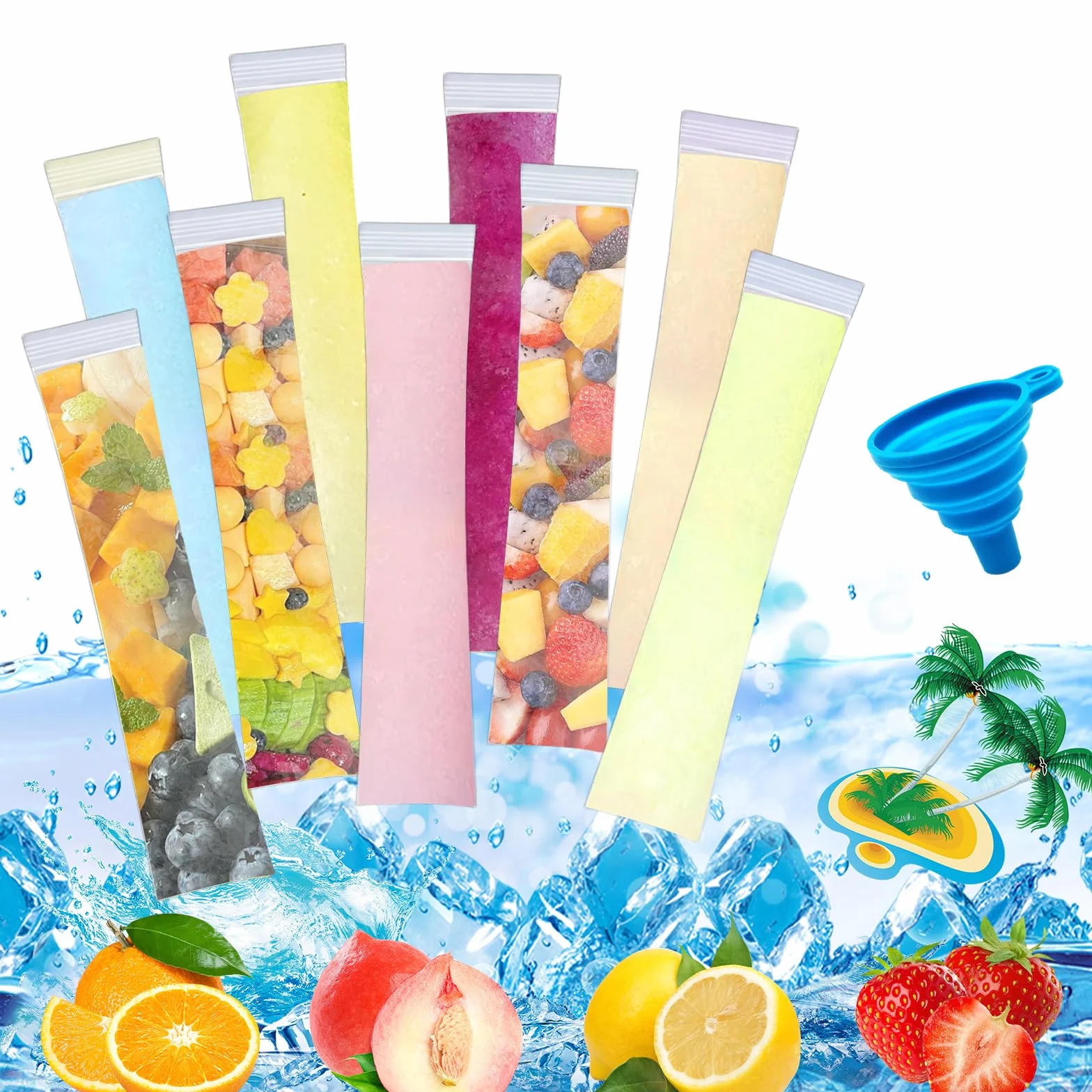 CHENYU 150 sztuk woreczki na lody wodne Woreczki na lody wodne wielokrotnego użytku, bez BPA, 5,5x28 cm z lejkiem, domowe DIY lody na patyku, soki, jogurt, koktajle, formy do lodów na patyku