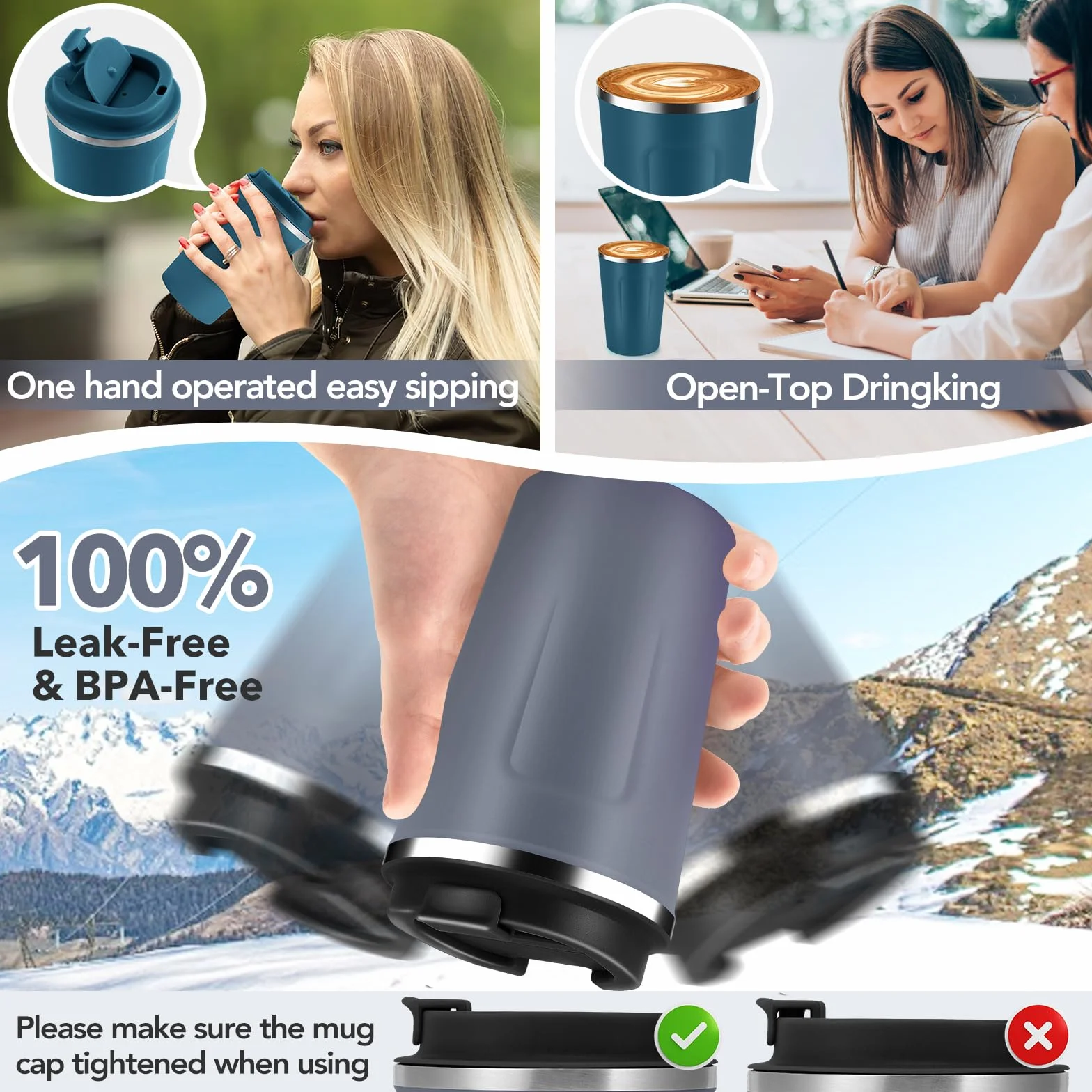 Volhoply 340 ml 350 ml izolowany próżniowy kubek do kawy z podwójną ścianką z klapką wielokrotnego użytku, szczelny kubek do kawy ze stali nierdzewnej, kubek termiczny do mrożonej kawiarni, odpowiedni