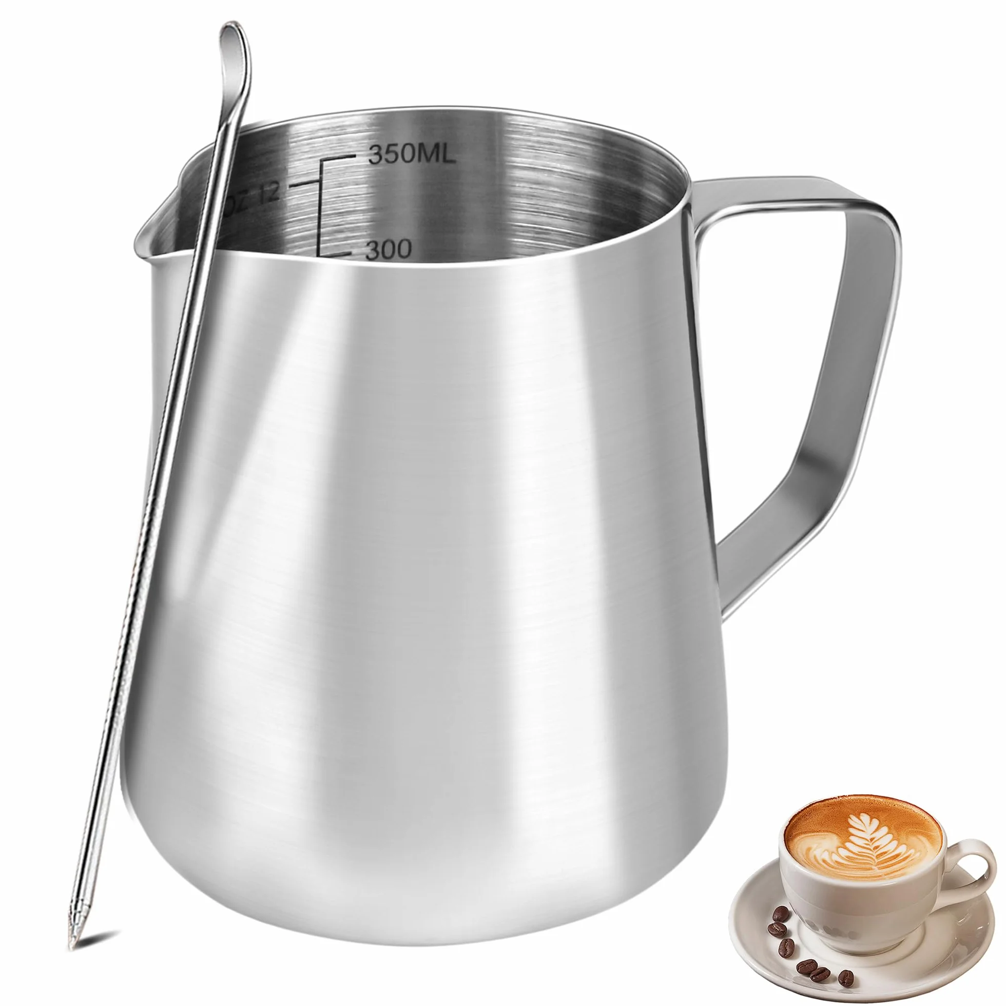 Dzbanek na mleko, ręczny dzbanek do spieniania mleka 304 ze stali nierdzewnej, dzbanek na mleko z oznaczeniem pojemności 350 ml 12oz Barista, dzbanek na mleko do cappuccino, latte art, espresso