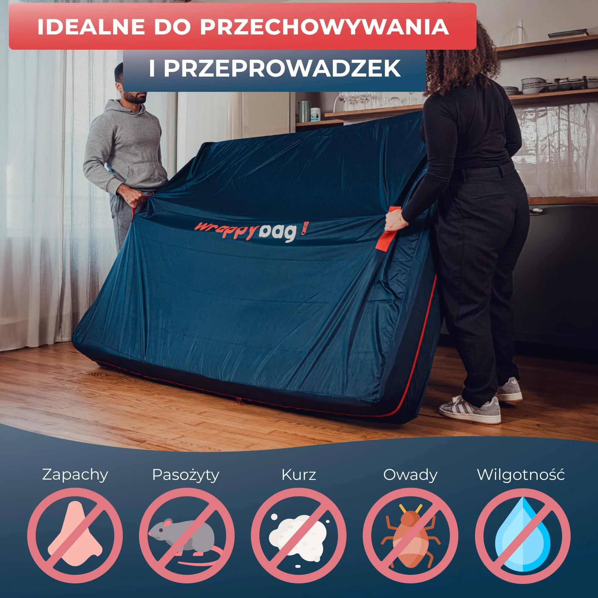 WRAPPYBAG – Pokrowiec Ochronny z Poliestru Oxford na Materac – Torba do Przechowywania z 4 Uchwytami Transportowymi – do Przeprowadzki, Magazynowania i Transportu - 140 x 200 cm