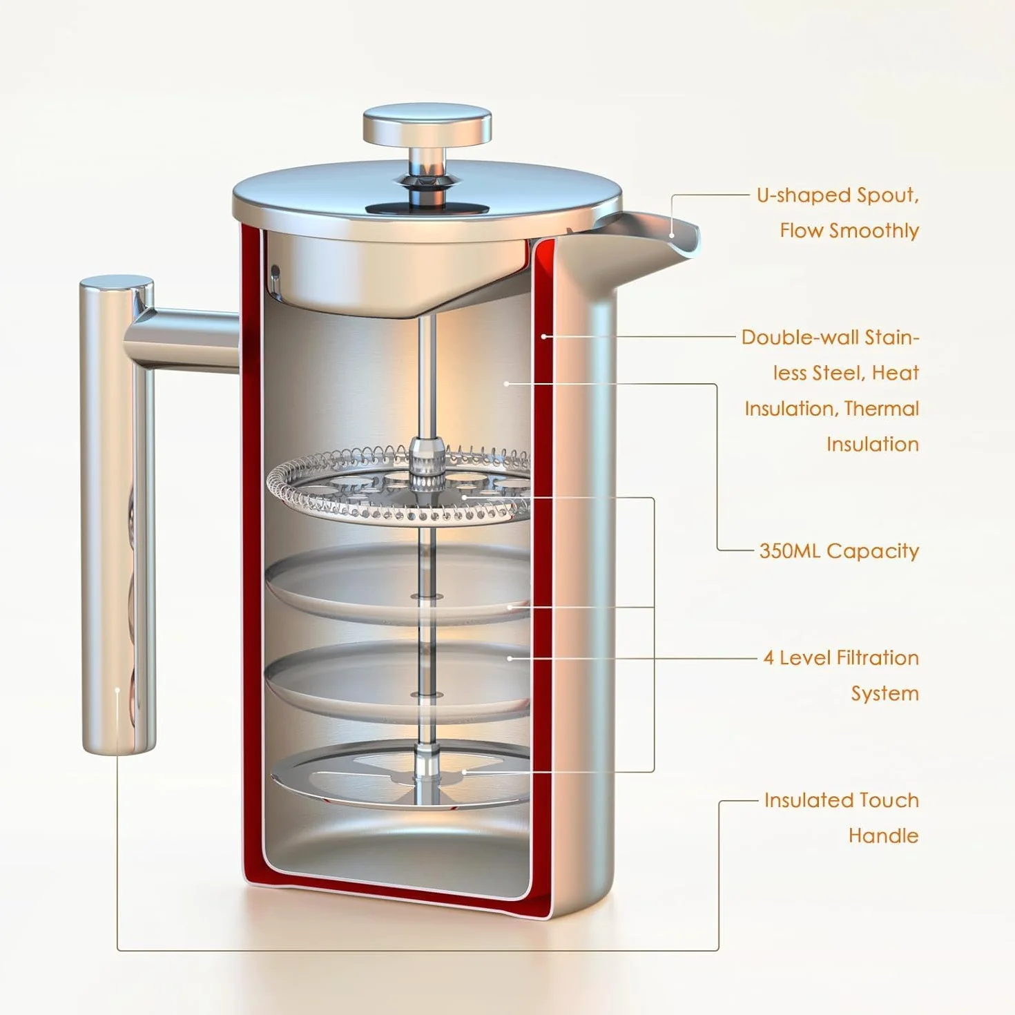 French Press do kawy 350 ml ze stali nierdzewnej podwójne ścianki izolowany