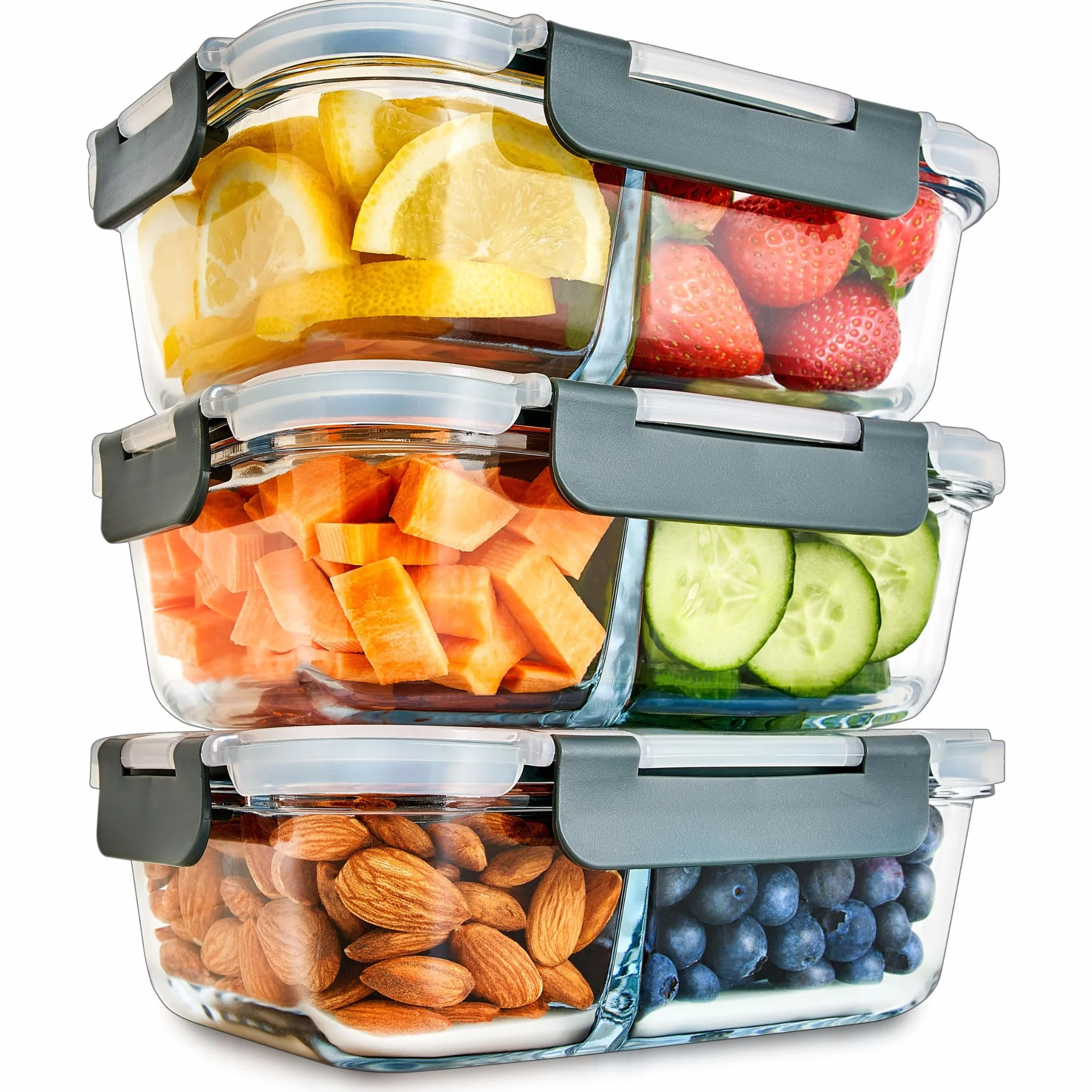 Igluu Meal Prep – Szklane pojemniki na żywność z pokrywkami (3 szt.) – 2 komory – Hermetyczne, Bez BPA – Do piekarnika, mikrofalówki, zamrażarki i zmywarki – 980 ml – Szkło borokrzemowe