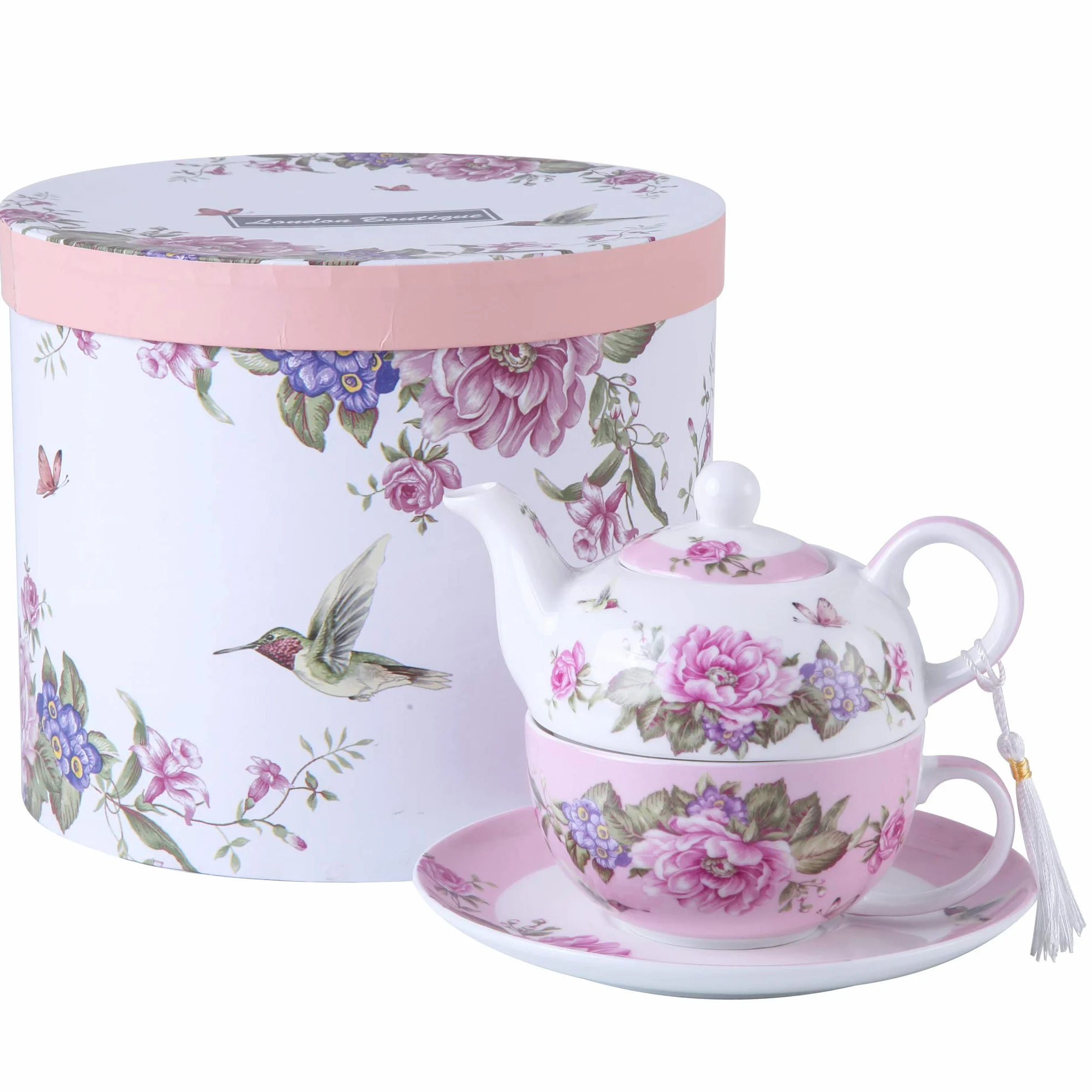 Zestaw Herbaty Shaby Chic Flora Ptak Róża Motyl Porcelana Pudełko Prezentowe (różowe)