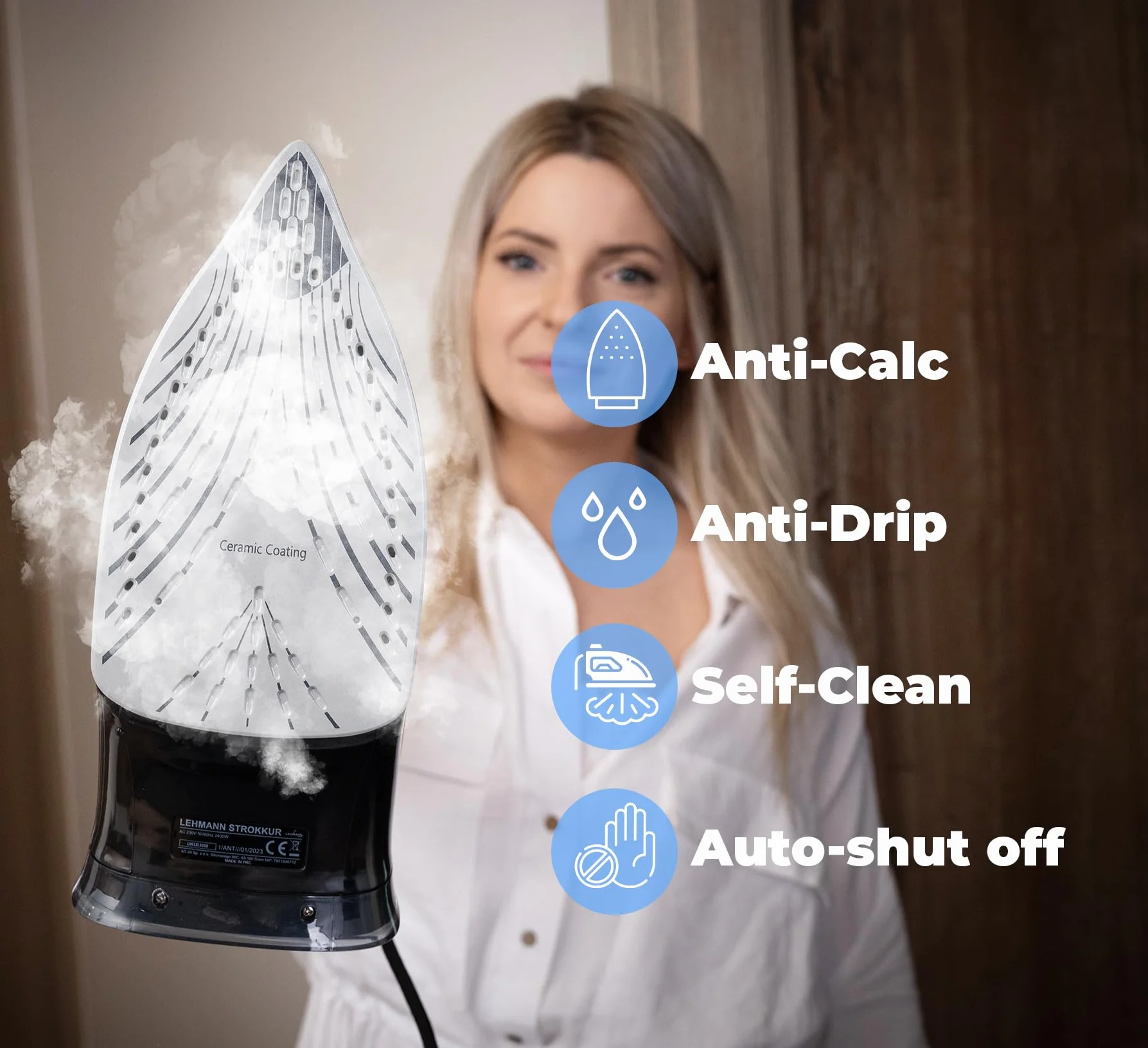Żelazko parowe, ceramiczna, 3000 W Lehmann, funkcja Calc-Clean, 9 w 1, wysoka wydajność pary, niewielka waga, uderzenia pary, ceramiczne podeszwy do prasowania, samoczyszczenie i rozpylacz