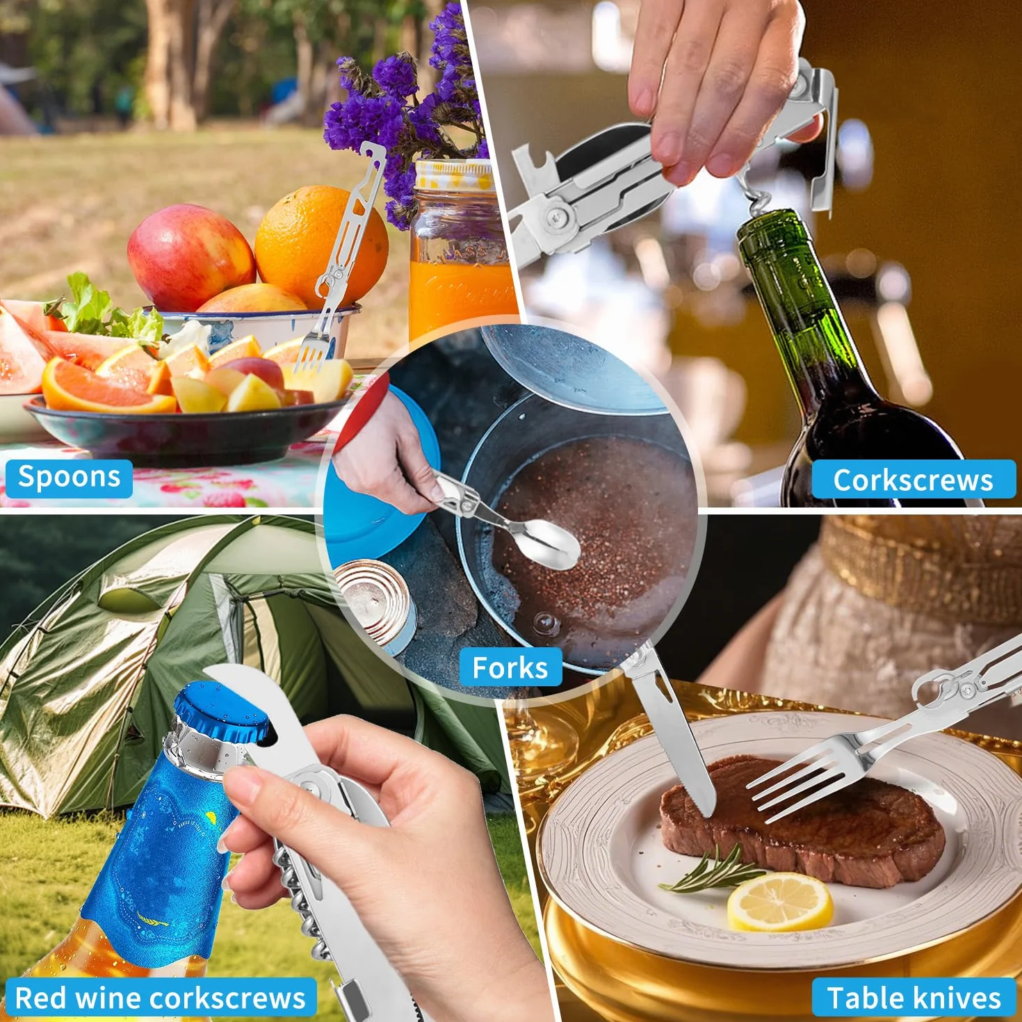 Outdoor Camping Utensil Zastawa stołowa, Sztućce ze stali nierdzewnej 5 w 1 składan,100% bezpieczne dla żywności,przenośny zestaw sztućców ze stali nierdzewnej do podróży, z etui ze sznurkiem