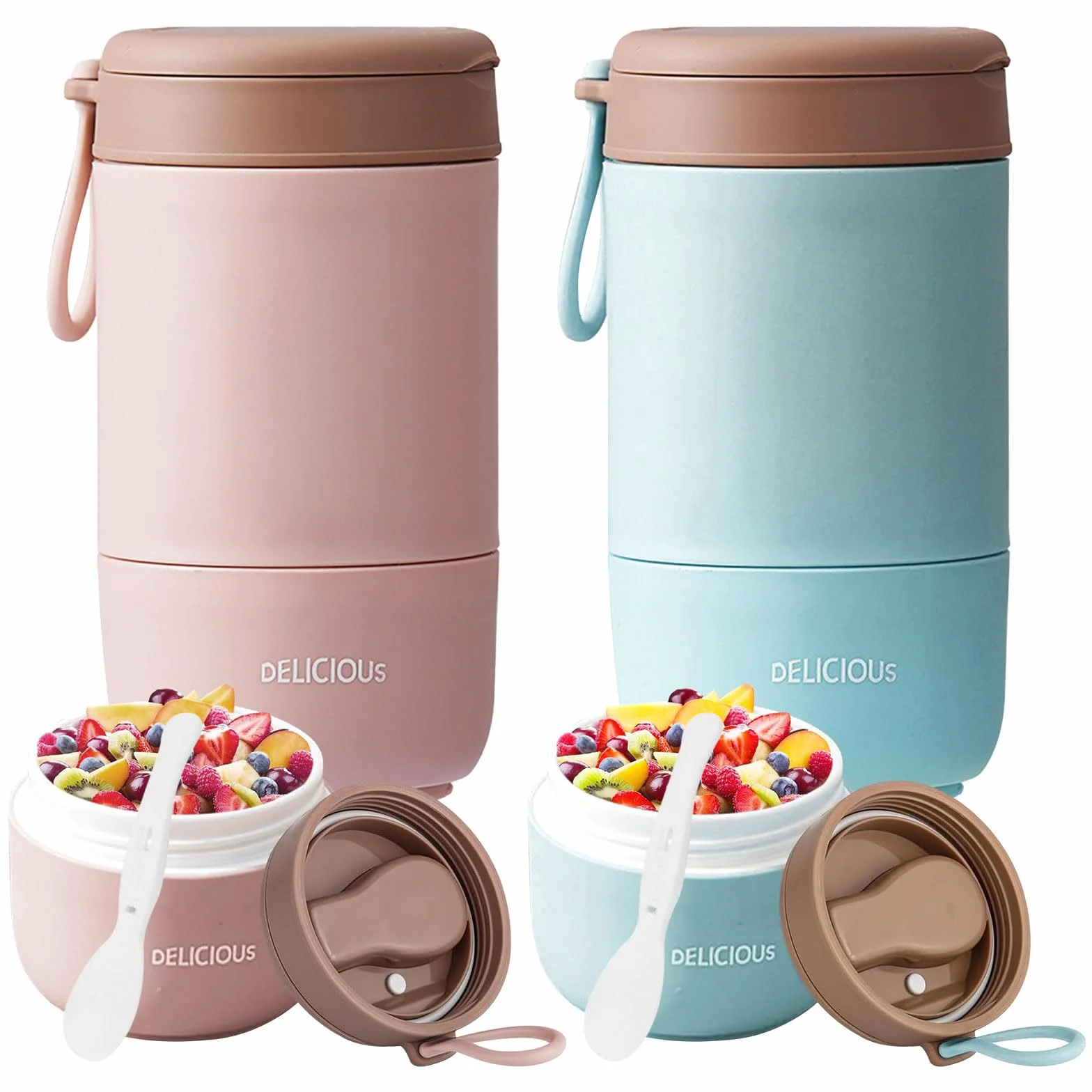2 kubki na musli to go z pokrywką, materiał PP, owsianka, kubek na jogurt, z łyżeczką, 780 ml, kubek na musli na wynos, dwuwarstwowe, szczelne, idealne do pracy, szkoły