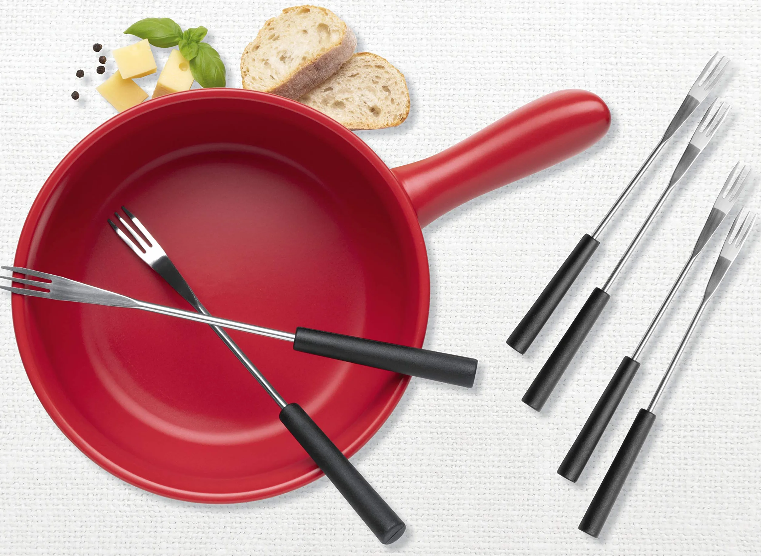 MÄSER 931893 Zestaw do fondue serowego dla 6 osób, 11-częściowy kompletny zestaw do fondue w stylu szwajcarskim z masywną ceramiczną doniczką, kamionka, 2,6 l, czerwony, czarny