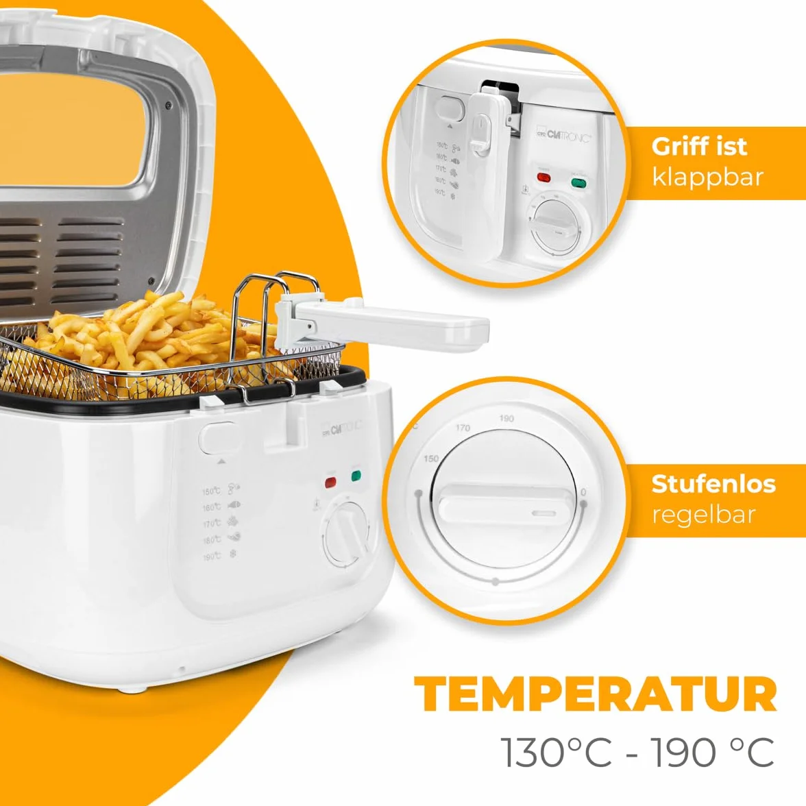 Clatronic® Frytkownica o pojemności 2,5 l, frytkownica z tłuszczem, olej do frytkownicy z filtrem zapachowym i oparami tłuszczu, nieprzywierającym pojemnikiem na olej, bezstopniowo regulowany