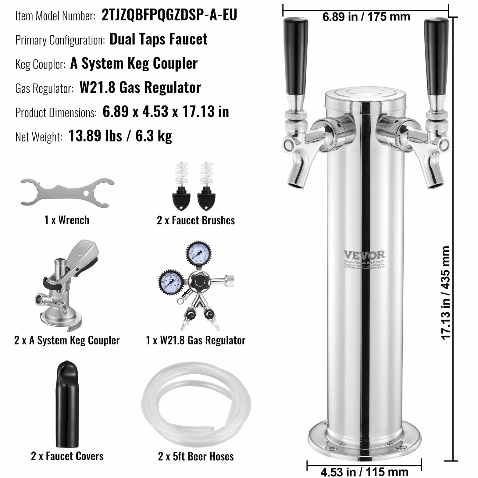 VEVOR Kegerator zestaw do konwersji piwa z dwoma kranami, dozownik wieży piwa ze stali nierdzewnej z podwójnym urządzeniem pomiarowym W21.8 i sprzęgłem beczkowym systemu A, tacka na imprezy w domu