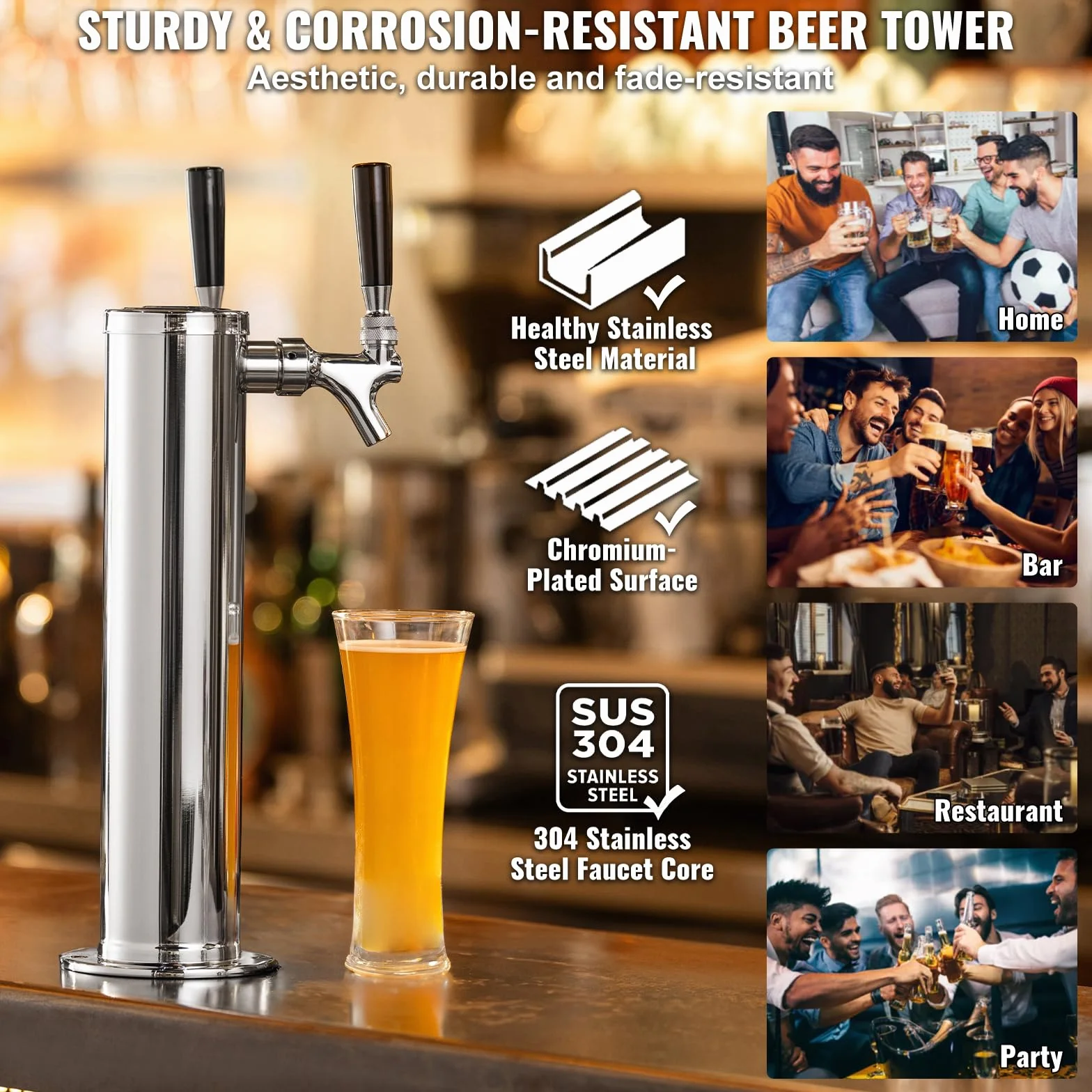 VEVOR Kegerator zestaw do konwersji piwa z dwoma kranami, dozownik wieży piwa ze stali nierdzewnej z podwójnym urządzeniem pomiarowym W21.8 i sprzęgłem beczkowym systemu A, tacka na imprezy w domu