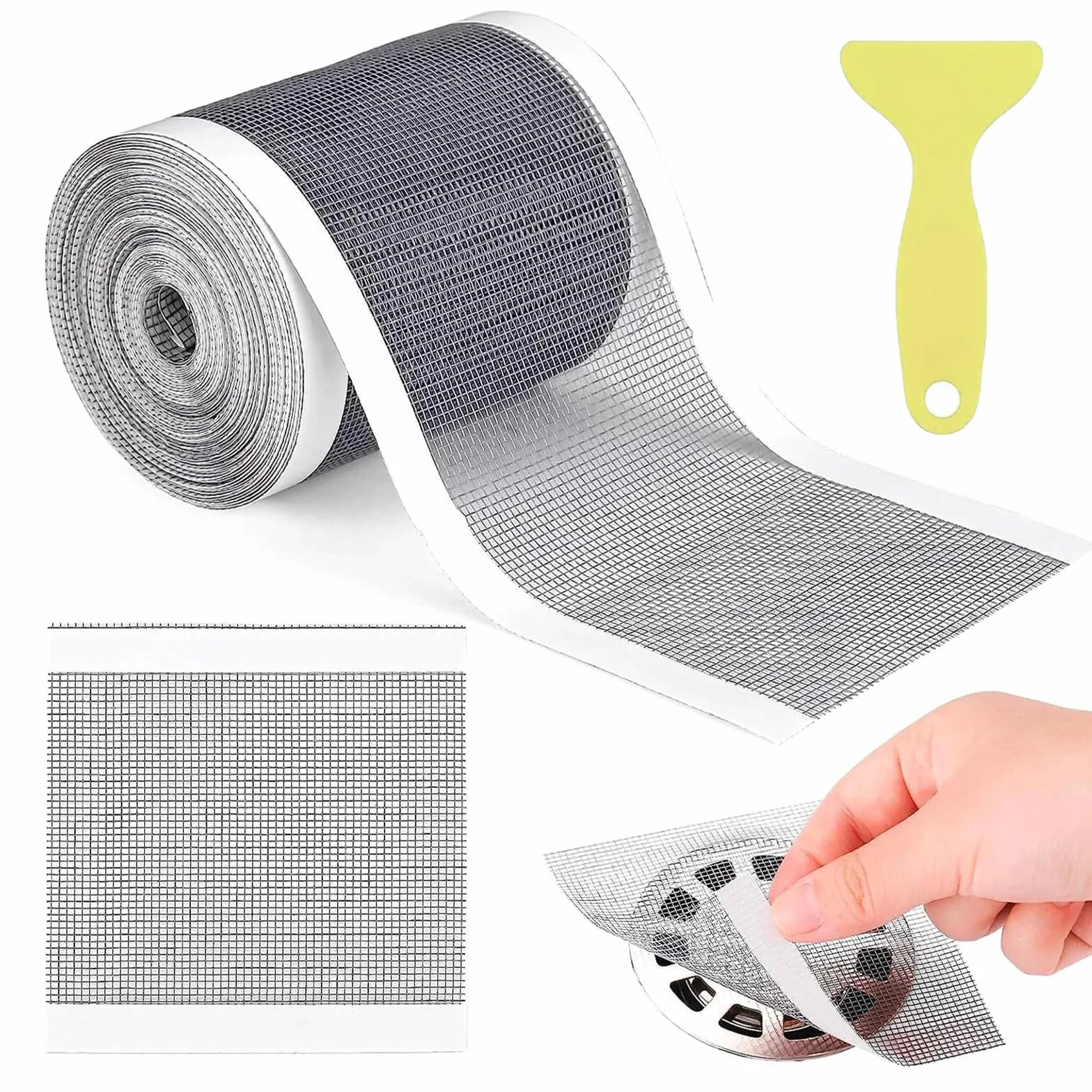 Sitko do włosów, 10 cm x 10 m, łapacz włosów, jednorazowy odpływ prysznicowy, z siatką, z plastikową szpatułką, sitkiem, wanną, odpływem włosów, pomocnikiem gospodarstwa domowego, do łazienki