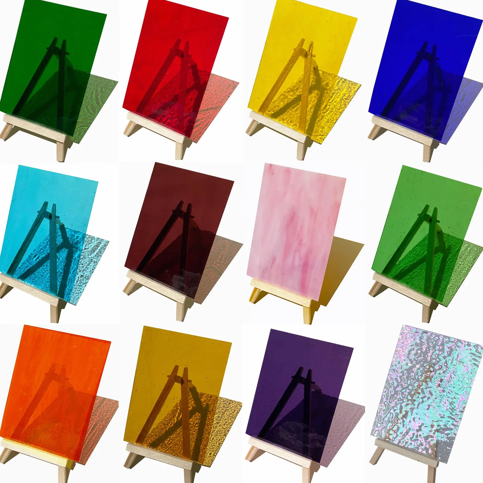 ILLUCKAI 12 arkuszy tęczowego przezroczystego witrażu, 10 x 15 cm, materiały witrażowe, opalizujące szkło artystyczne do projektów witrażowych i tworzenia mozaiki