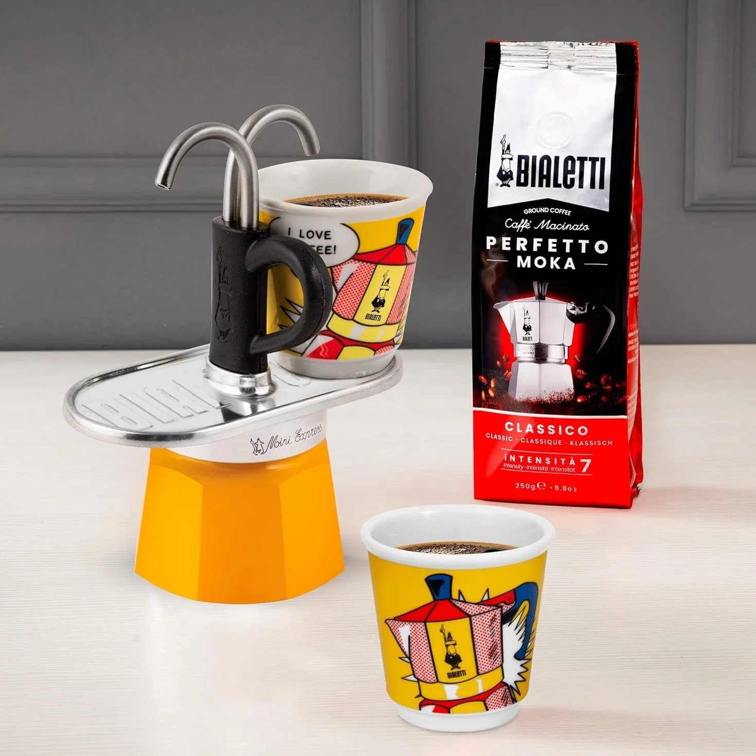 Bialetti Mini Express żółty dzbanek do kawy + 2 kubki