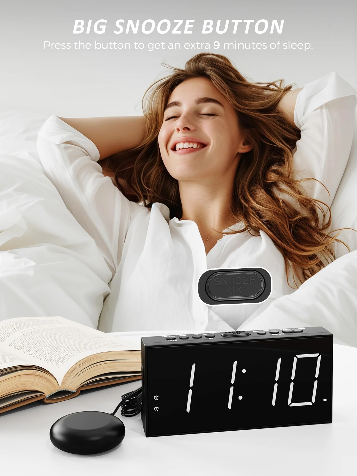 Mesqool Głośny budzik wibracyjny z funkcją spania dla niesłyszących, podwójny alarm, USB, duży wyświetlacz, 12/24h