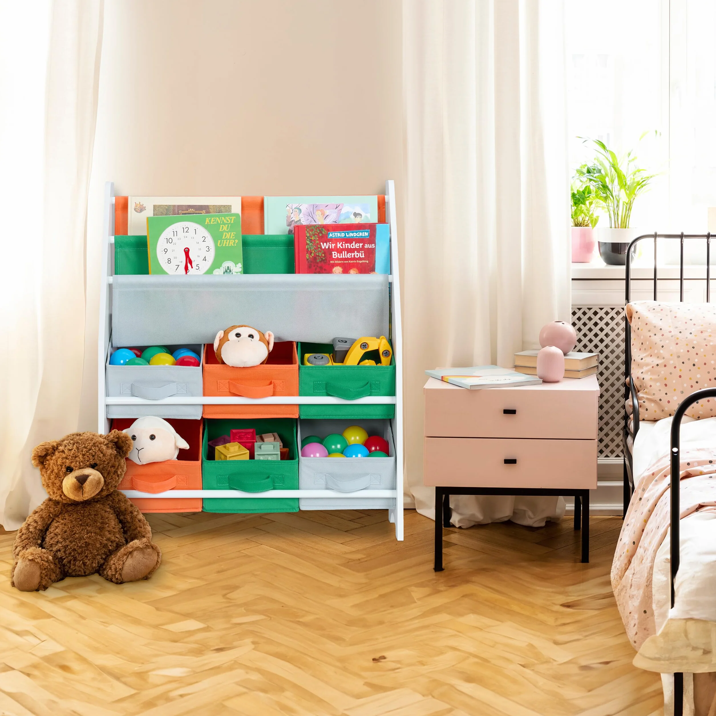 Relaxdays Regał dziecięcy z 6 pudełkami do przechowywania i 2 wiszącymi półkami, wys. x szer. x gł.: 74 x 62,5 x 31 cm, dziecięcy regał na zabawki, kolorowy