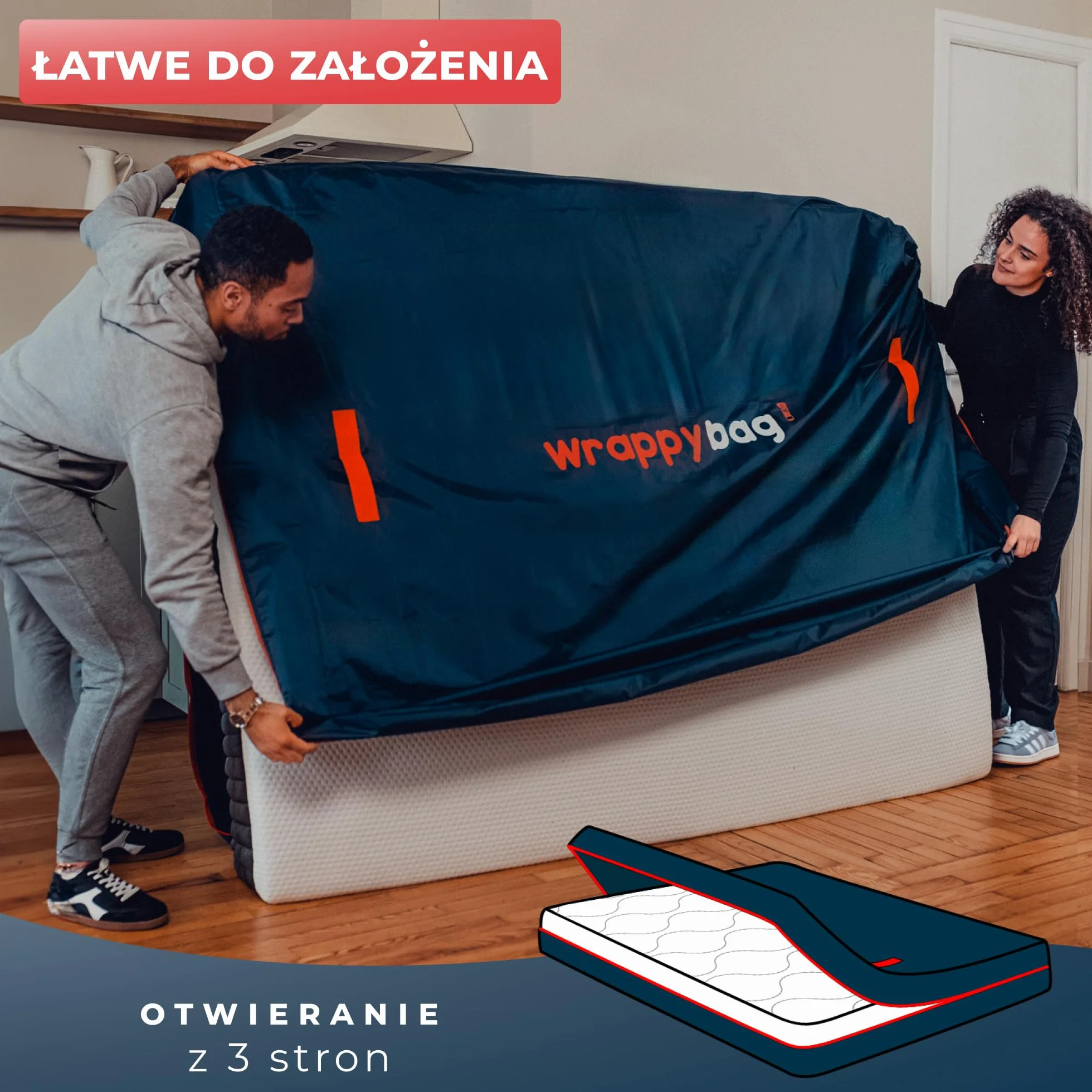 WRAPPYBAG – Pokrowiec Ochronny z Poliestru Oxford na Materac – Torba do Przechowywania z 4 Uchwytami Transportowymi – do Przeprowadzki, Magazynowania i Transportu - 140 x 200 cm