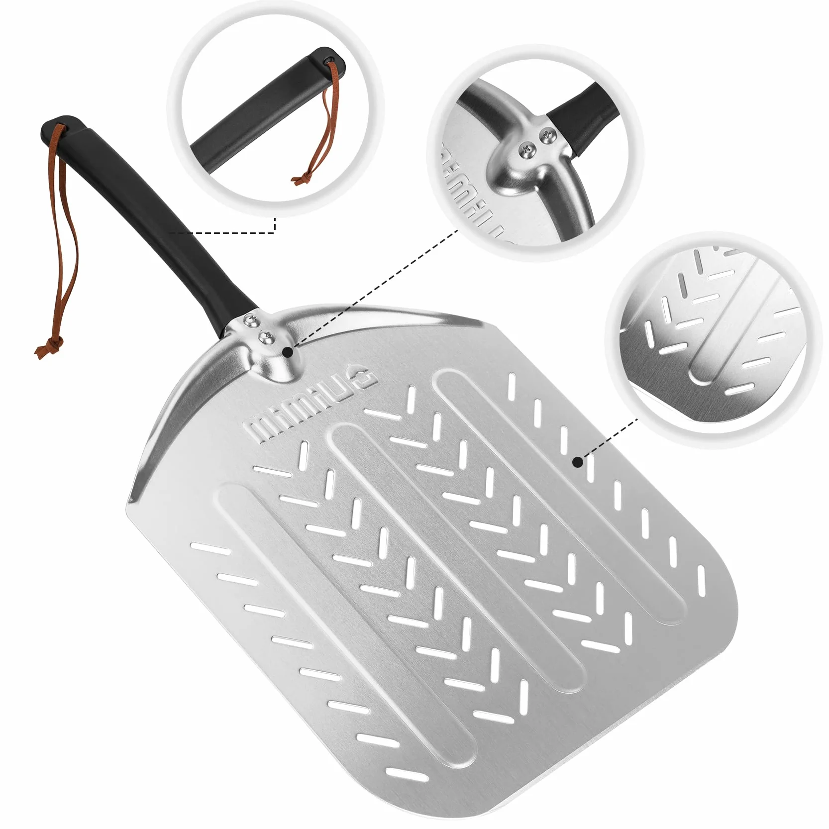 Mimiuo Perforowana łopatka do pizzy, aluminiowa łopatka do pizzy z uchwytem zapobiegającym oparzeniom, perforowana łopatka do pizzy do piekarnika i grilla, łopatka do pizzy, podnośnik do pizzy