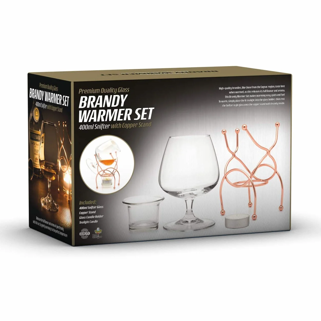 Bar Amigos Brandy & Cognac Snifter podgrzewacz szkło stojak zestaw upominkowy ze świeczką miedziany uchwyt miedź