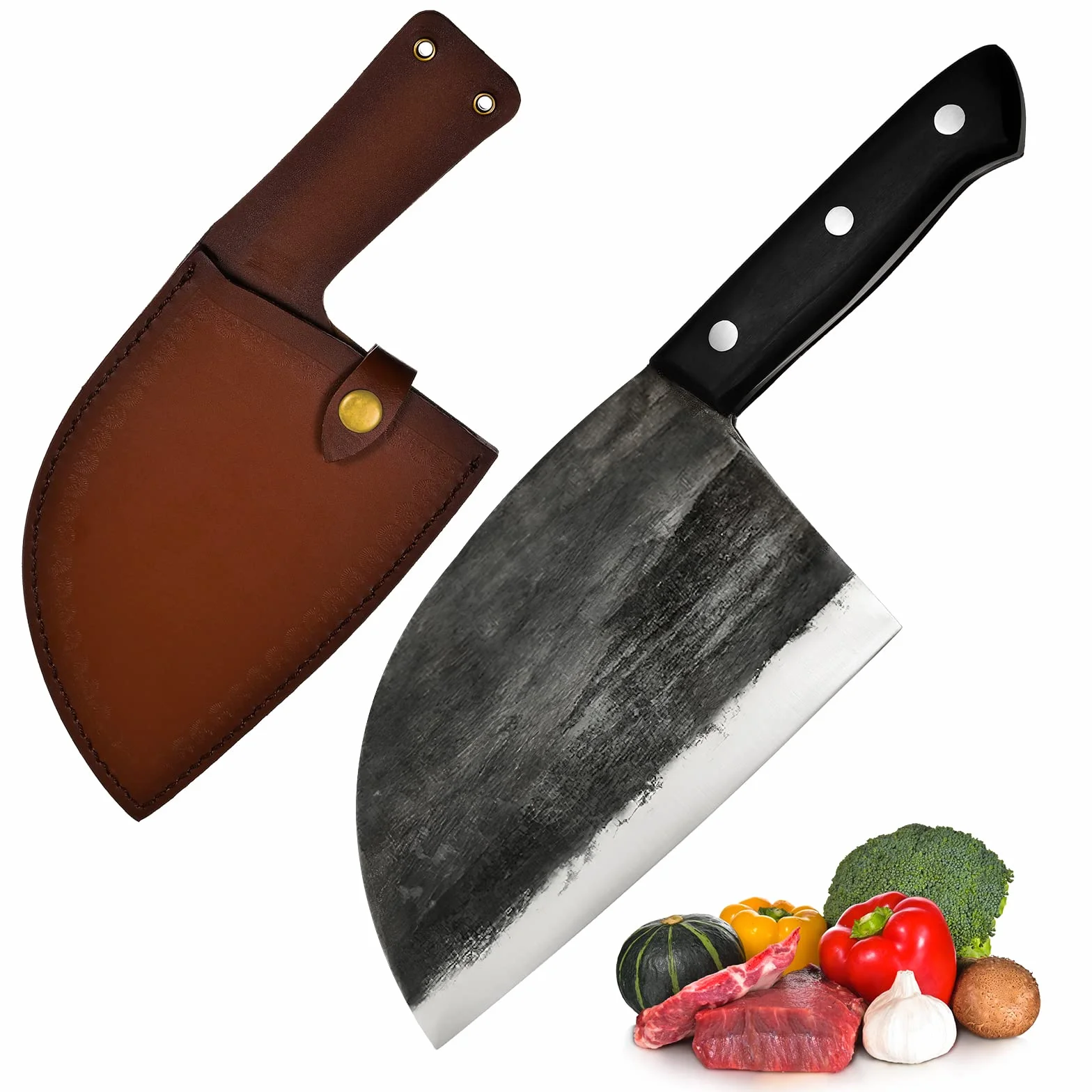 Chiński nóż szefa kuchni, nóż rzeźniczy, nóż do filetowania, nóż Santoku, nóż do mięsa, nóż uniwersalny, nóż kuchenny, nóż do siekania siekacza, ze skórzaną pochwą, nóż do mięsa