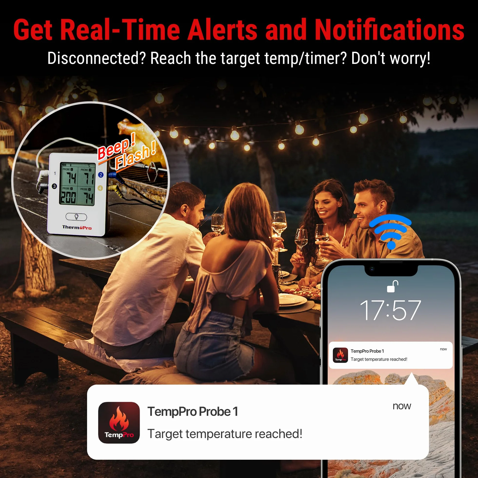 ThermoPro TempPro Bluetooth – bezprzewodowy termometr do mięsa z 4 sondami. Inteligentny, cyfrowy, do grilla, piekarnika i wędzarni. Z akumulatorem i alarmem