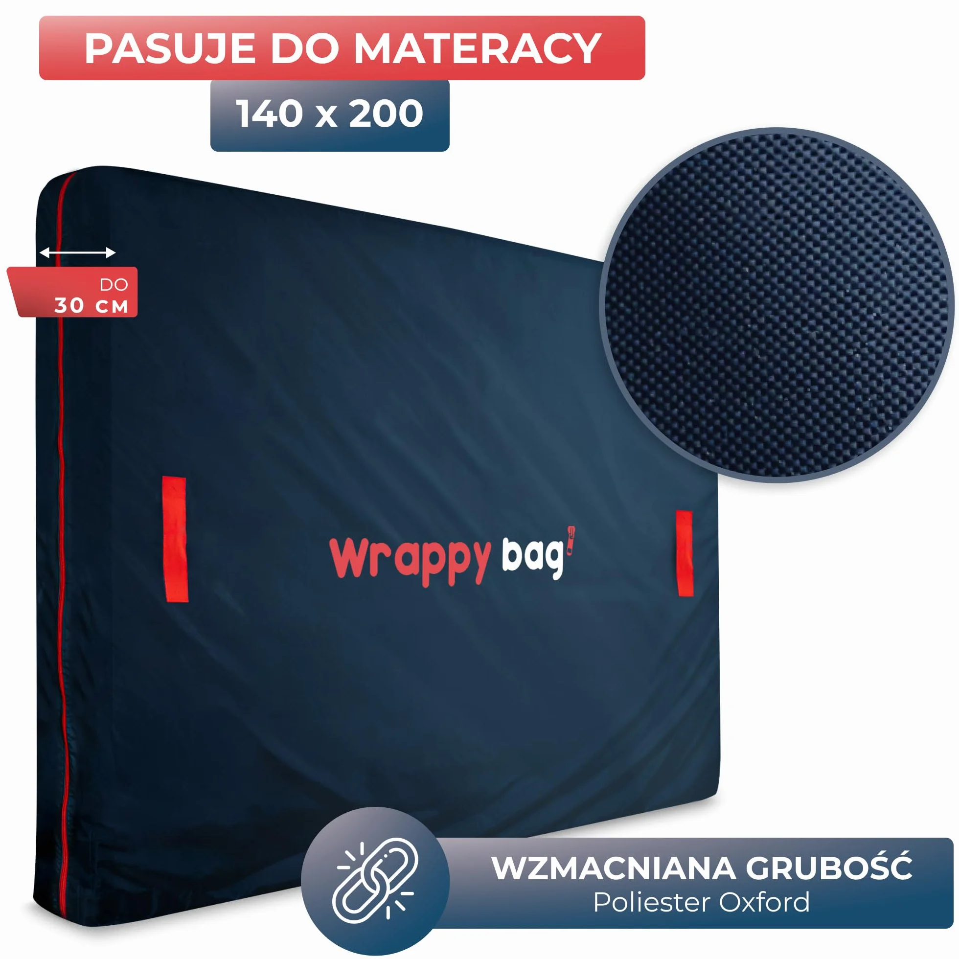 WRAPPYBAG – Pokrowiec Ochronny z Poliestru Oxford na Materac – Torba do Przechowywania z 4 Uchwytami Transportowymi – do Przeprowadzki, Magazynowania i Transportu - 140 x 200 cm