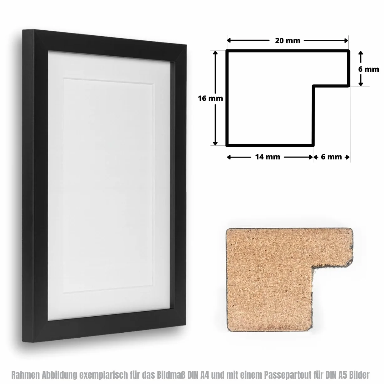 CLAMARO "COLLAGE 20" ramka na zdjęcia 50 x 70 cm wymiary obrazu | czarna matowa | w zestawie passe-partout na zdjęcia DIN A2 (42 x 59,4 cm) | 20 mm szerokości, Slim Design, drewniana rama MDF ze