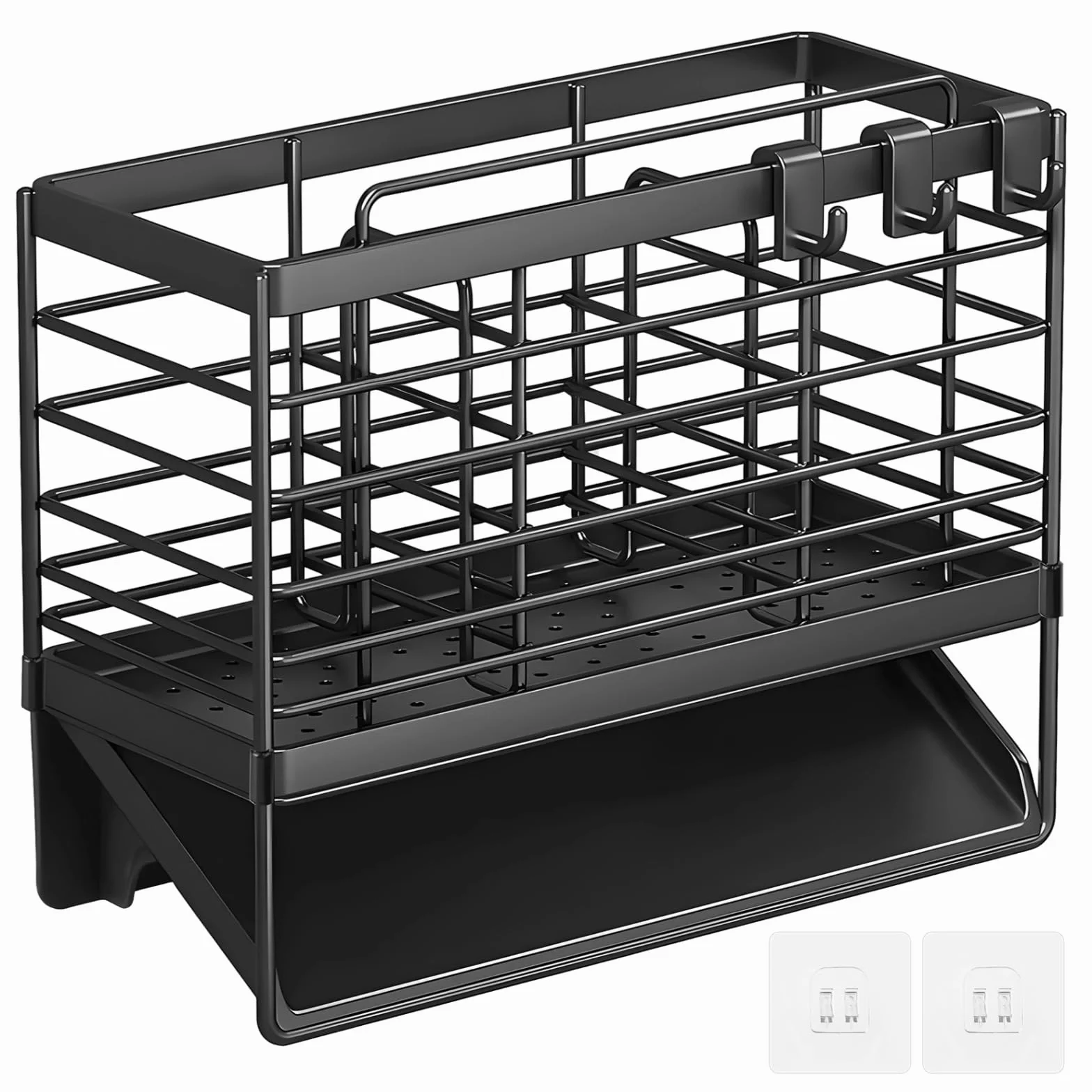 BOSREROY Organizer na sztućce metalowy 3-komorowy czarny 6x20 cm ścienny z haczykami