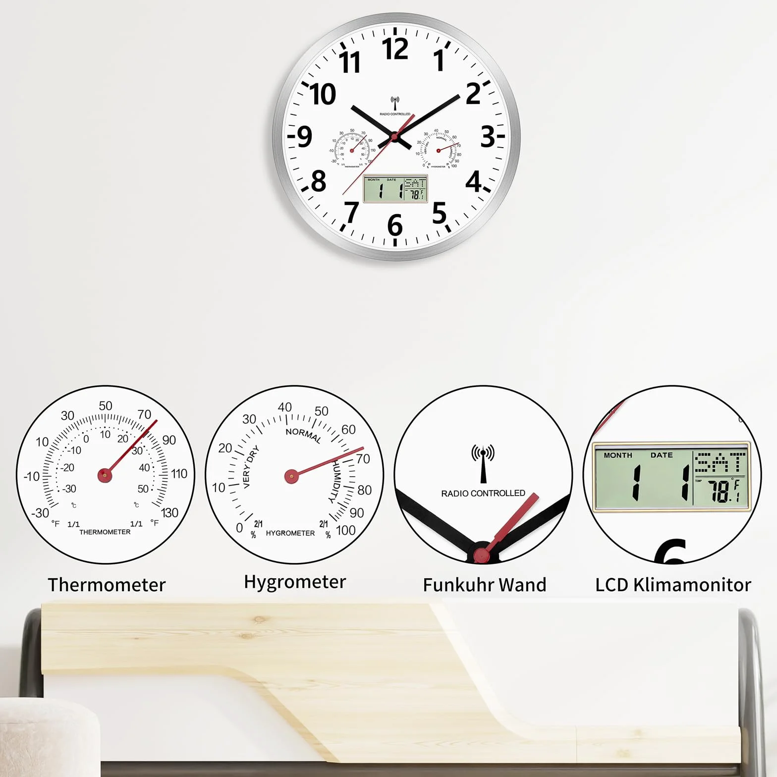 Foxtop Zegar ścienny, radiowy, cyfrowy, analogowy, 30 cm, z wyświetlaczem LCD – cyfrowy zegar radiowy z automatycznym dostosowaniem czasu, temperatury, daty i dnia tygodnia, bezgłośny – zegar kuchenny