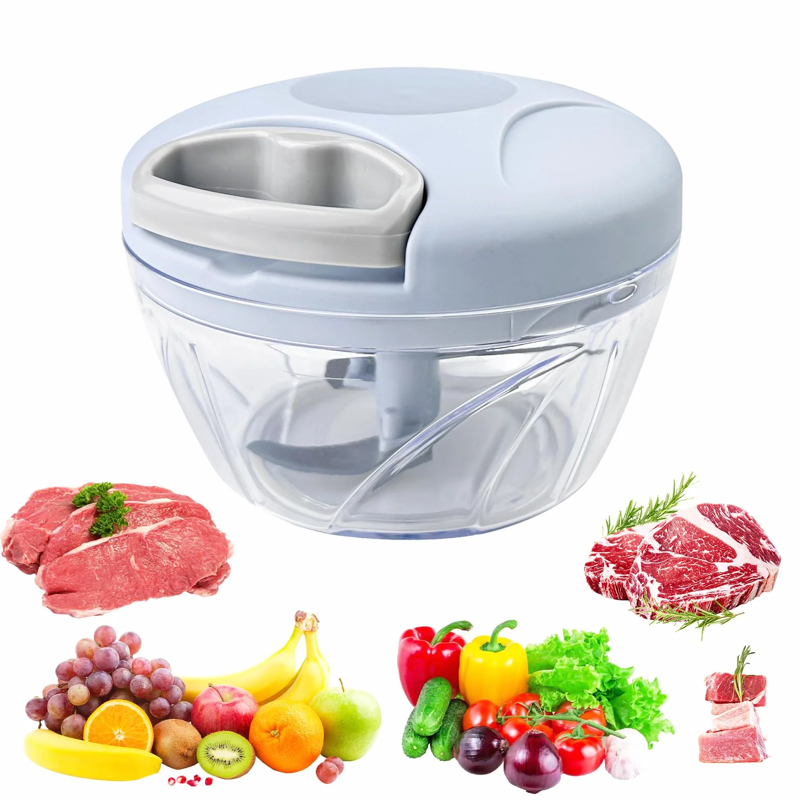 Fousenuk Ręczna szatkownica do warzyw, 500 ml, szatkownica do cebuli, ręczna szatkownica z linką, rozdrabniacz z 3 ostrzami ze stali nierdzewnej, szatkownica do warzyw, czosnku, cebuli