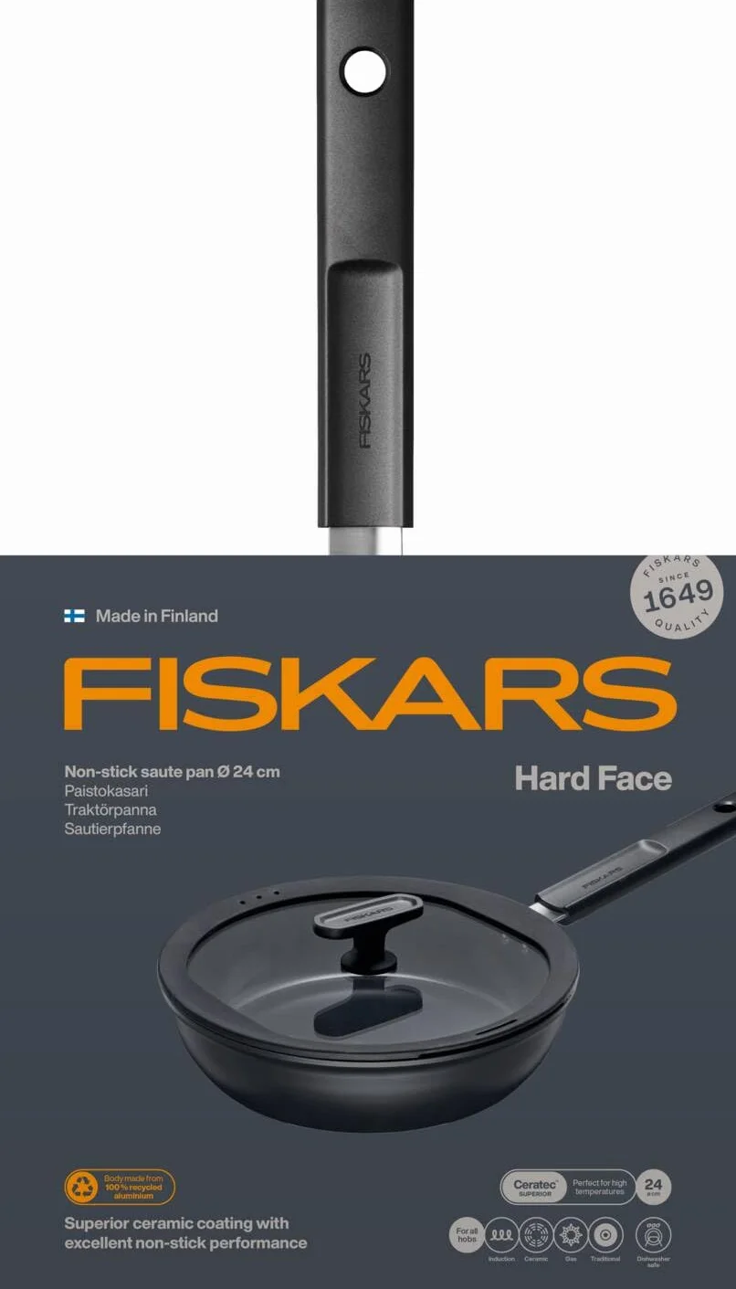 Fiskars Patelnia do smażenia z pokrywką, Hard Face, średnica 24 cm, pojemność: 2,2 litra, odpowiednia do wszystkich płyt grzewczych, powłoka nieprzywierająca, odporna na zarysowania, 1075528