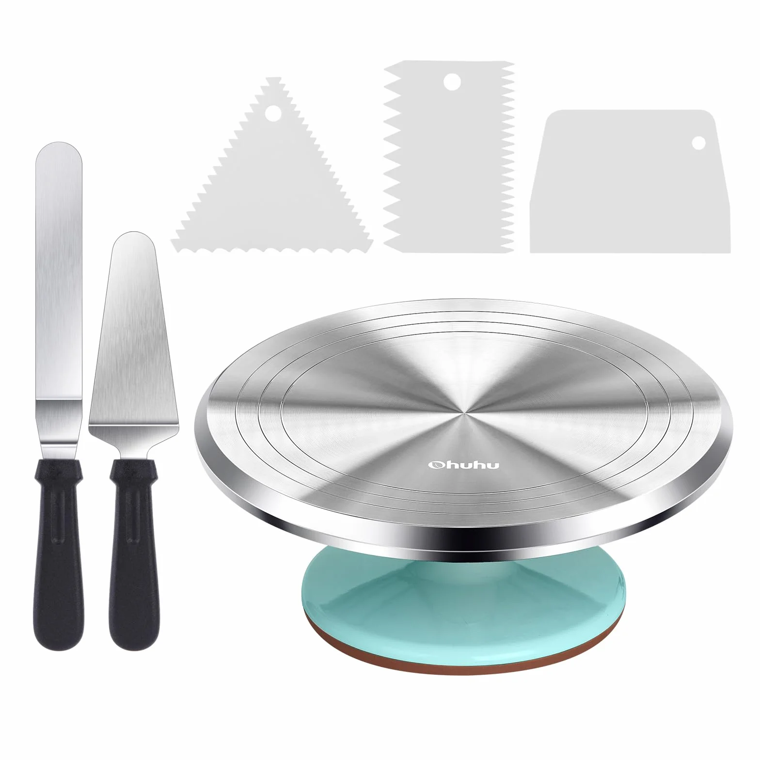 Ohuhu Obrotowa patera na tort ze stopu aluminium 30 cm z 2 paletami i 3 łopatkami