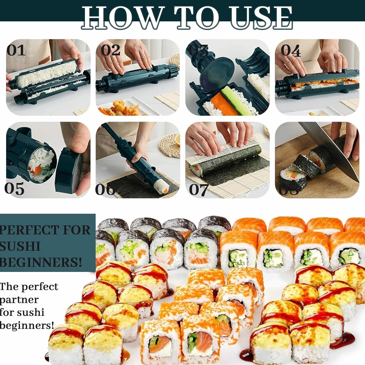 CHRI Bazooka zestaw do sushi, zestaw do sushi do samodzielnego wykonania, wałek do sushi, bazooka i mata bambusowa dla początkujących (pomarańczowa)