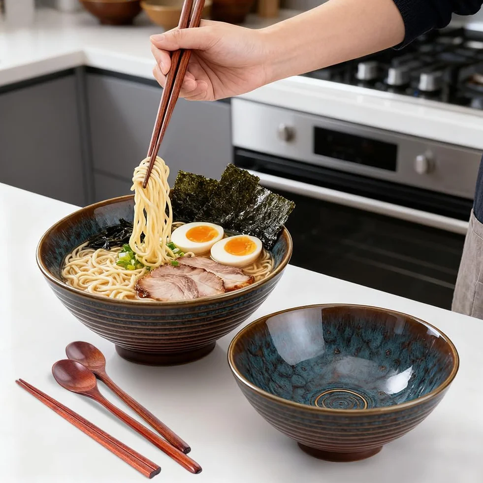Zestaw 2 misek na ramen z ceramiki 1200ml z pałeczkami i łyżkami