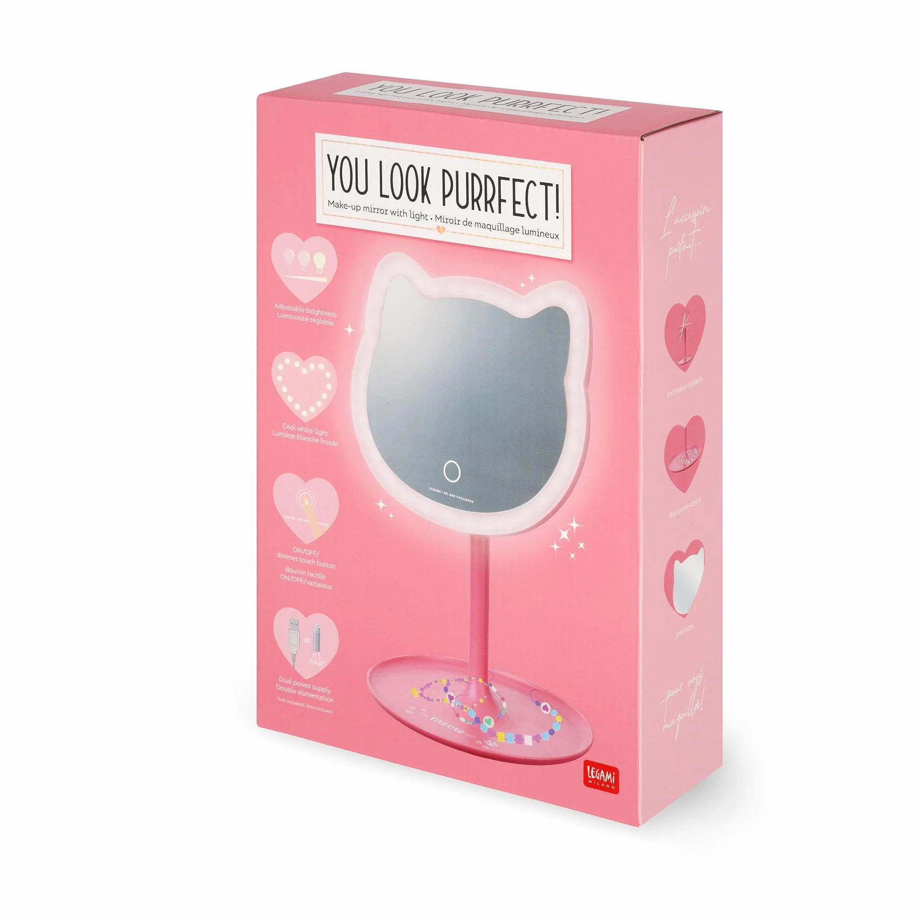 Legami - Lusterko do makijażu ze światłem - You Look Purrfect! - Lusterko do makijażu w kształcie kota, regulowana jasność i nachylenie, podwójne zasilanie USB lub baterie, do makijażu