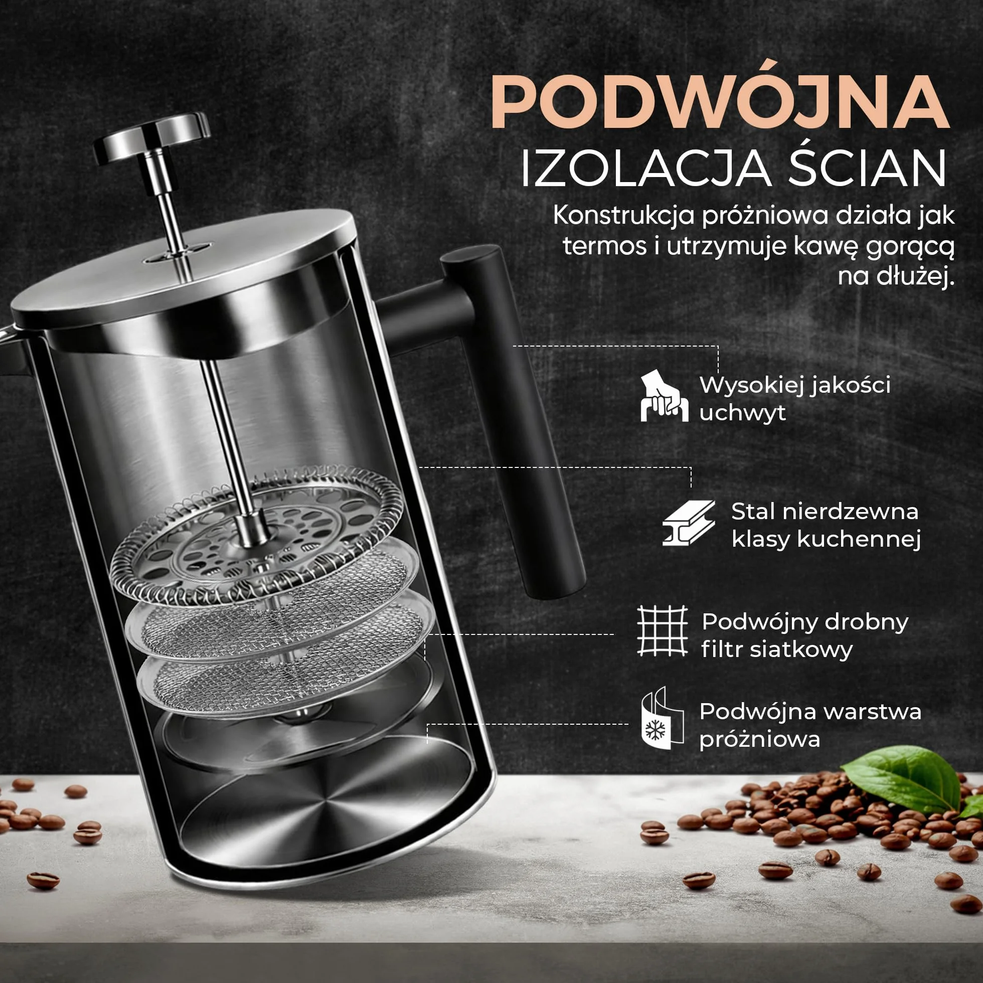 Dzbanek do kawy z prasą francuską ze stali nierdzewnej Czarny 350 ml