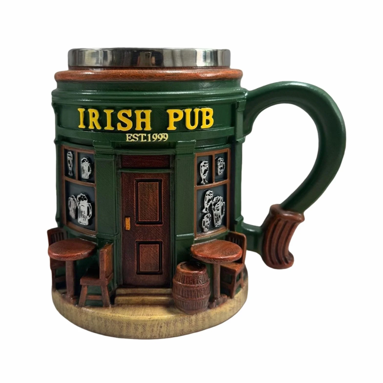 Irish Pub rzeźbiony ceramiczny kufel do piwa z pokrywką ze stali nierdzewnej, zielony, 300 ml, EST.1999 klasyczny design barowy z beczką i stołkami