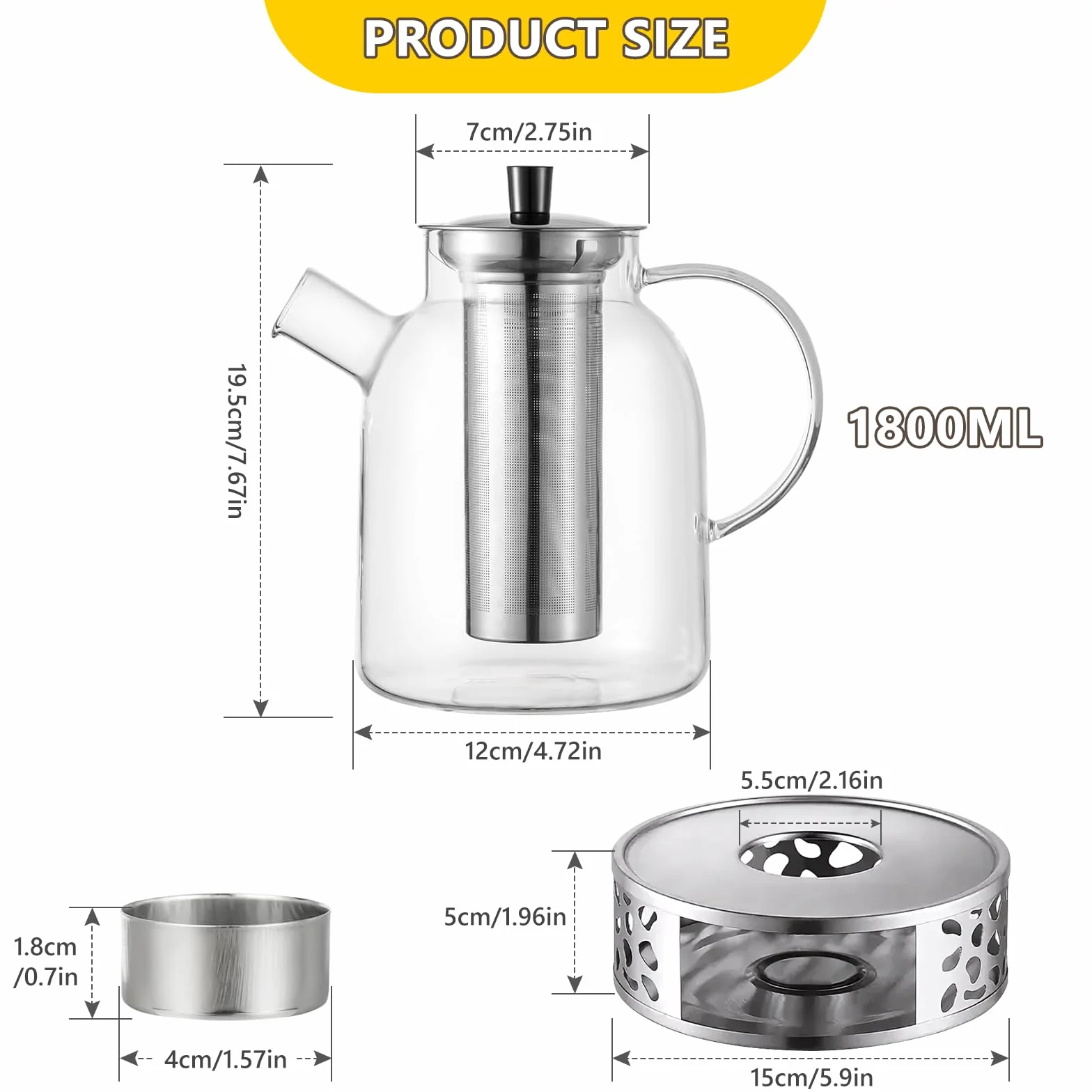 PORFOYO 1800 ml Szklany czajniczek z podgrzewaczem, zaparzaczem, podgrzewaczem do herbaty luzem i torebek na herbatę