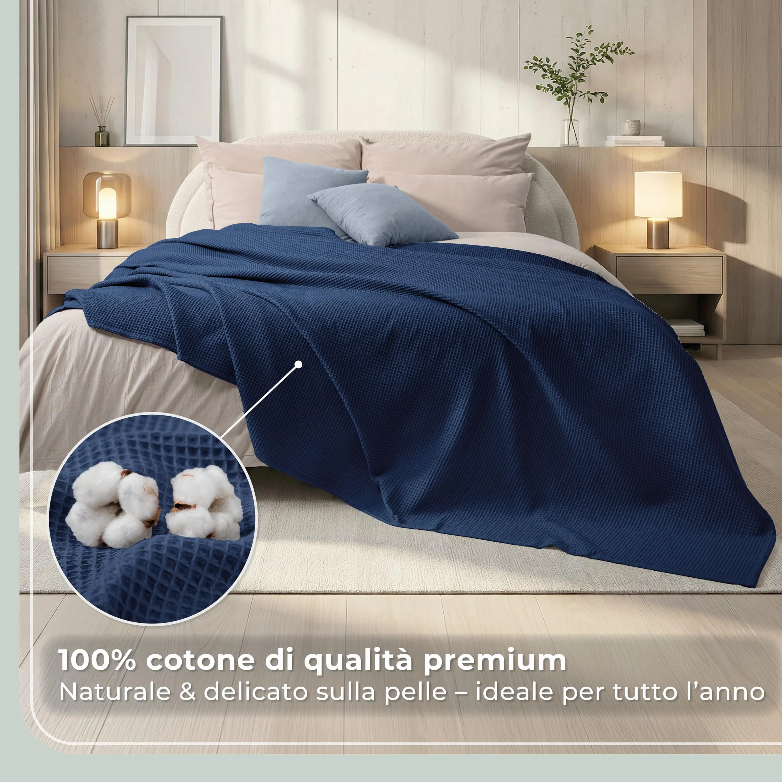 LAYNENBURG narzuta klasy premium, 150 x 200 cm, 100% bawełny o strukturze waflowej, lekkie nakrycie letnie, bawełniana narzuta na łóżko, sofę, niebieska