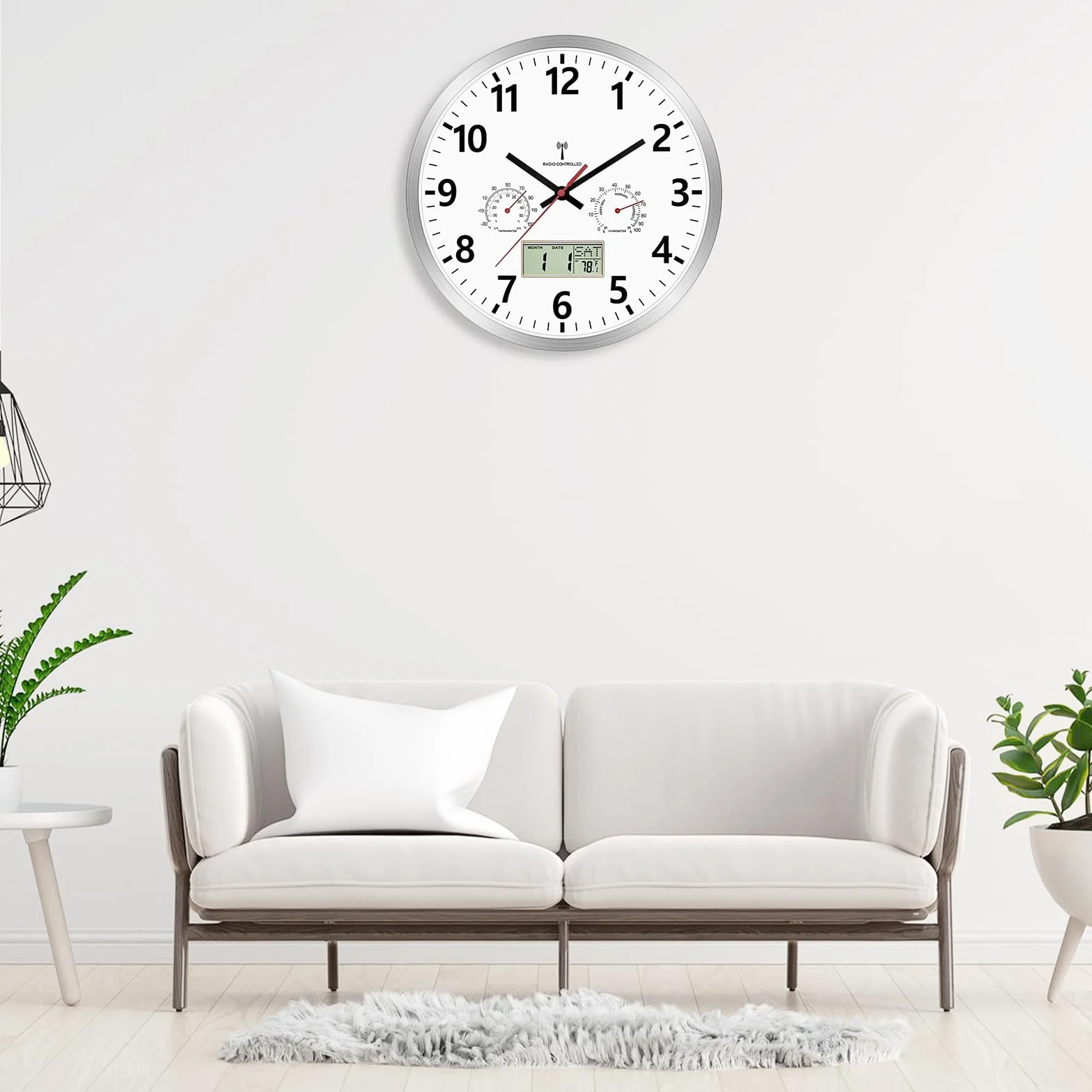 Foxtop Zegar ścienny, radiowy, cyfrowy, analogowy, 30 cm, z wyświetlaczem LCD – cyfrowy zegar radiowy z automatycznym dostosowaniem czasu, temperatury, daty i dnia tygodnia, bezgłośny – zegar kuchenny
