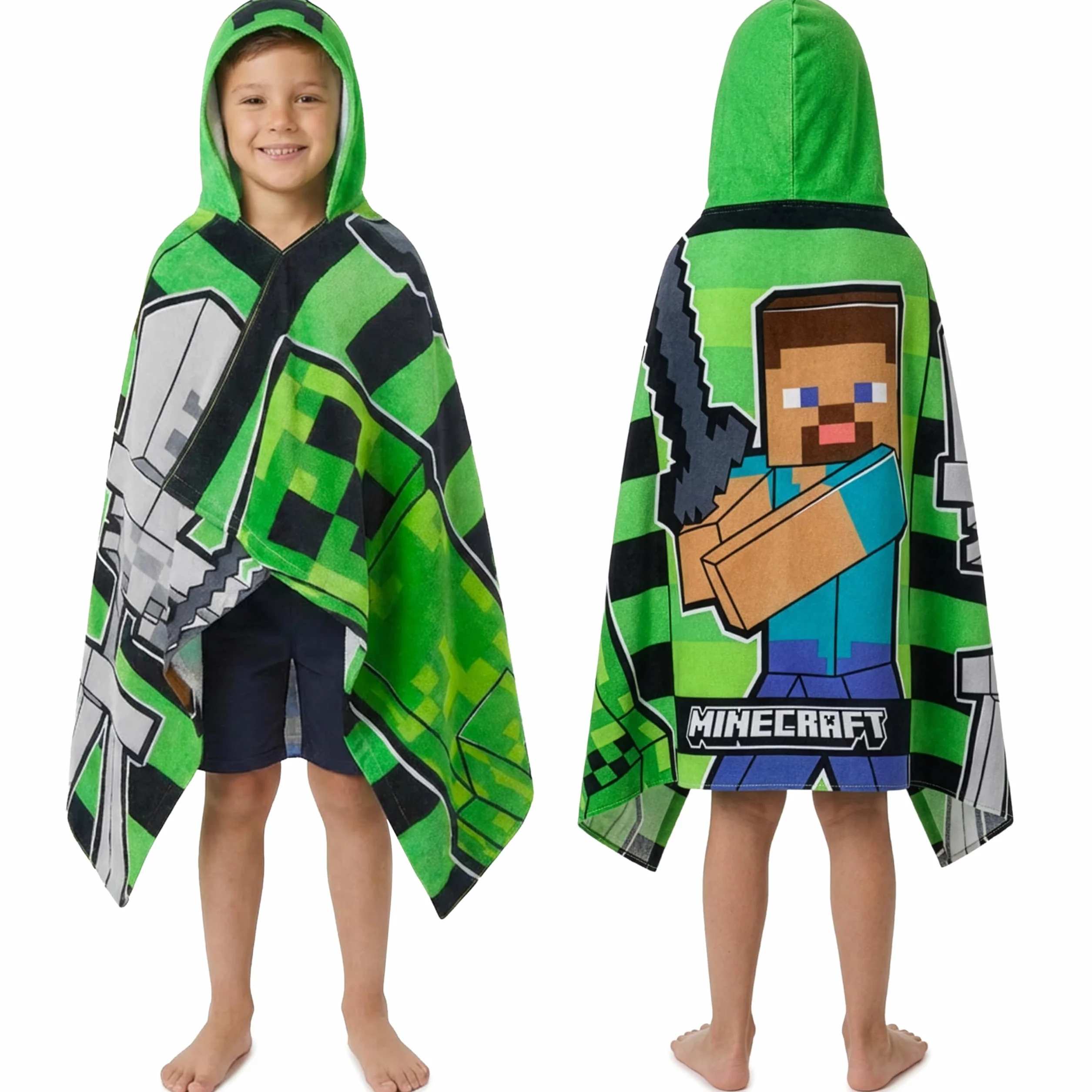 Minecraft ręcznikowe ponczo dziecięce nastolatki z kapturem ręcznik plażowy zielony czarny 6-14 lat