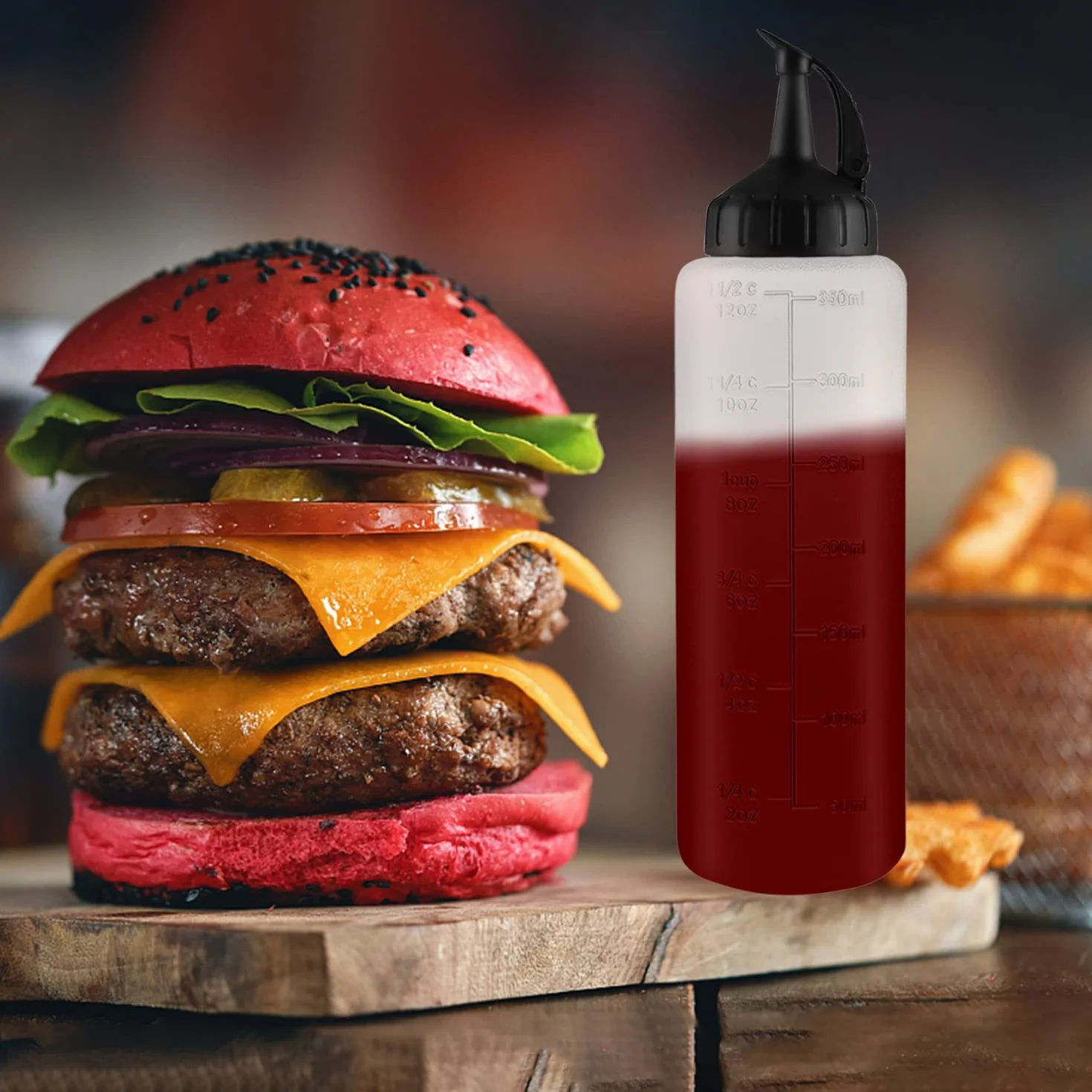 Butelka wyciskana z nasadkami, 4 sztuki, 350 ml, butelki z tworzywa sztucznego, ze skalą, butelka na sosy, przezroczysta butelka dozująca do ketchupu, wielokrotnego użytku, z lejkiem