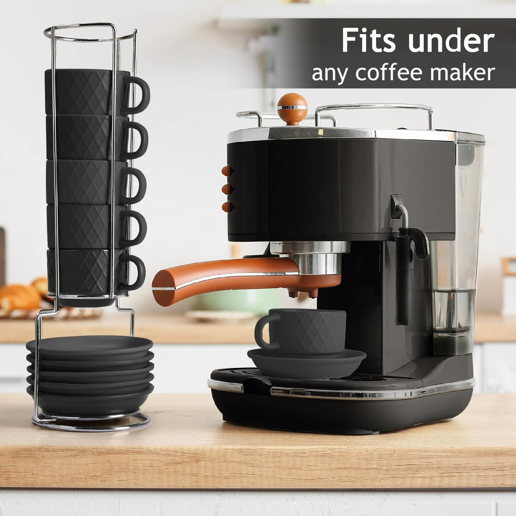 MIAMIO 6 x 75 ml kamionkowy kubek do espresso zestaw ze stojakiem i spodkami Palmanova czarny