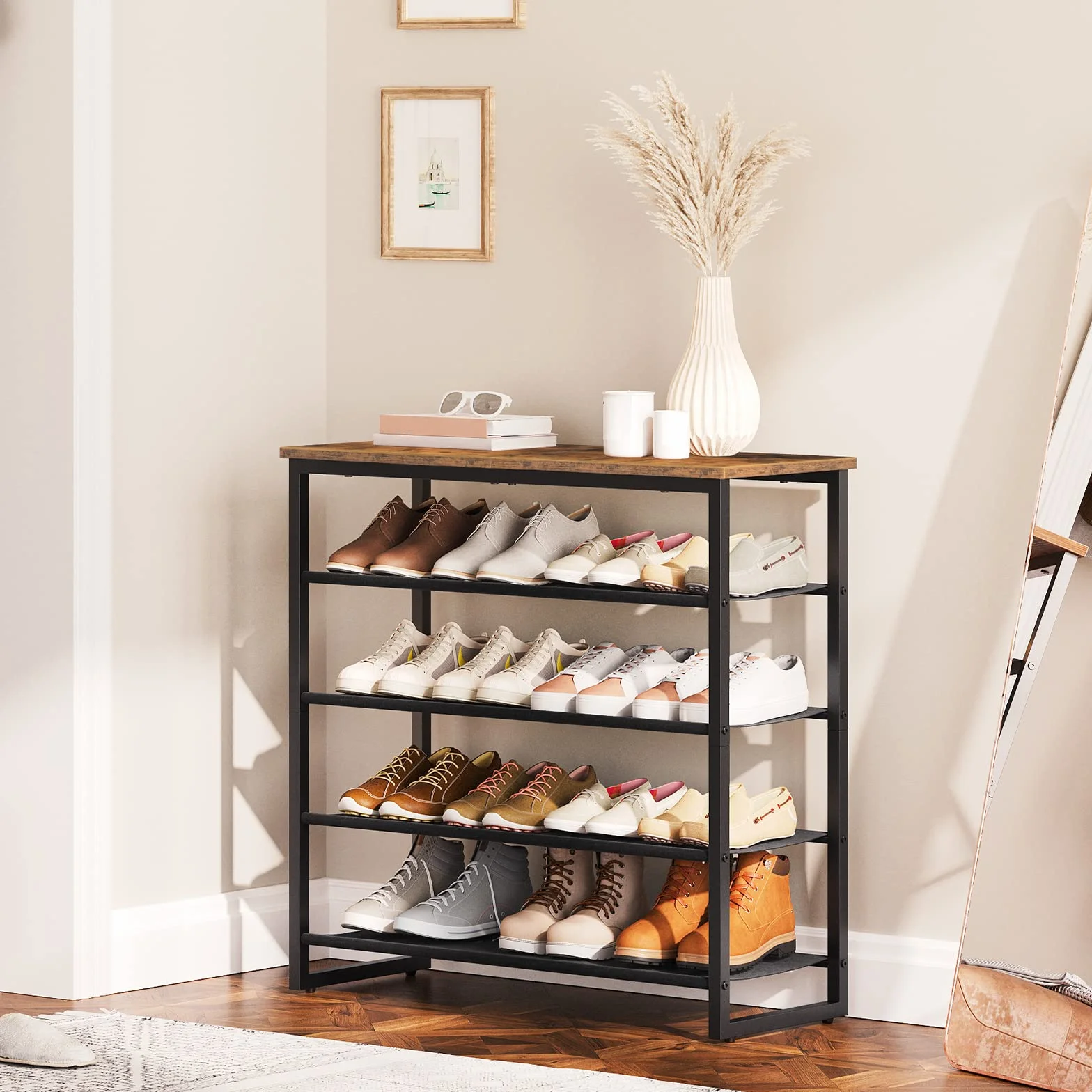 HOOBRO Stojak na buty, 5-poziomowy organizer do przechowywania butów, półka na buty z 4 półkami z tkaniny i górnym panelem, mieści 16-20 par butów, do przedpokoju, szafy, stalowej ramy, przemysłowej,